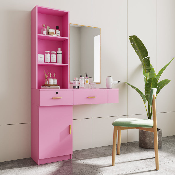 Pink Modern Simple Hair Desk, Multi Layer Storage Space Pink Mdf