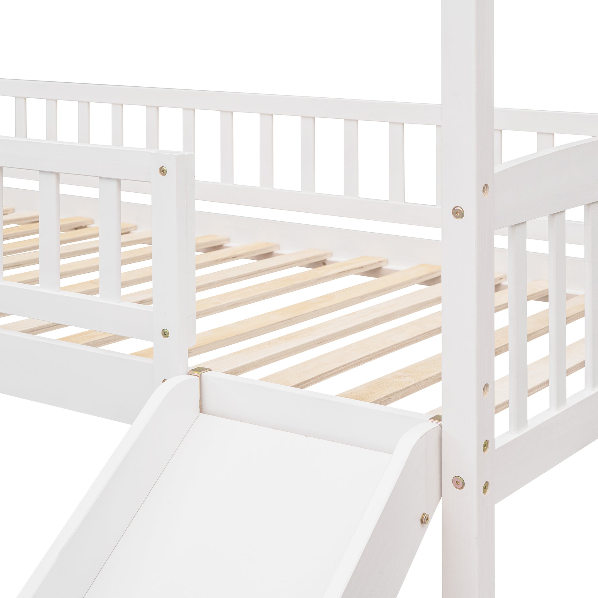 Twin Loft Bed With Slide, House Bed With Slide,White Old Sku :Lt000212Aak White Solid Wood