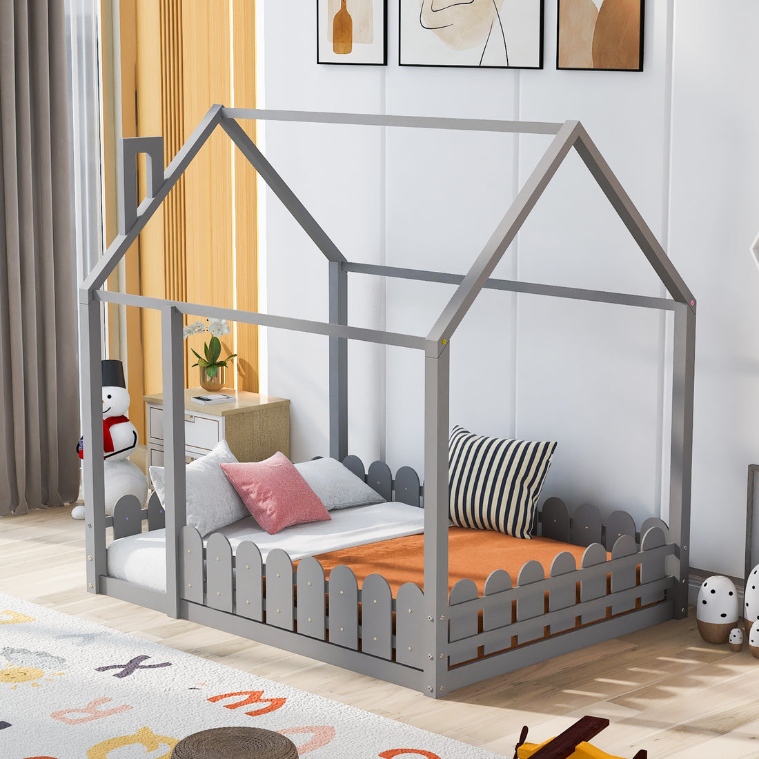 Slats Are Not Included Full Size Wood Bed House Bed Frame With Fence, For Kids, Teens, Girls, Boys Gray Old Sku:Wf281294Aae Gray Solid Wood