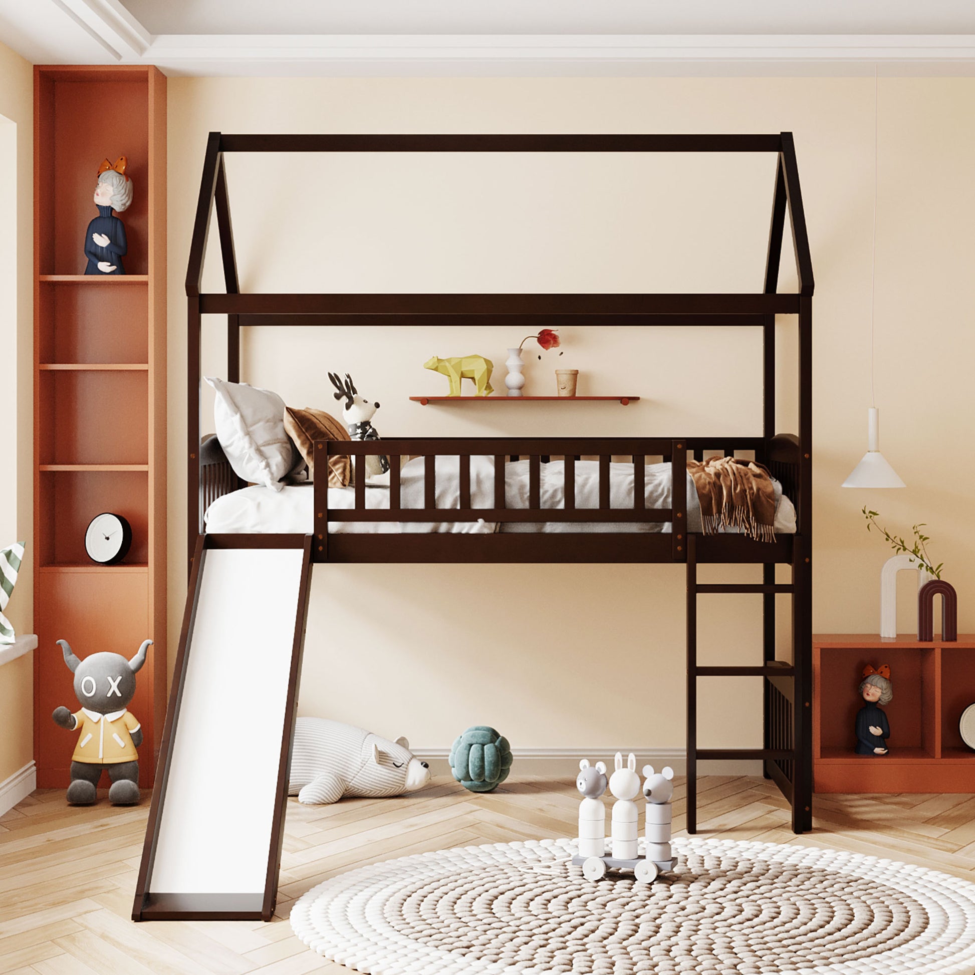 Twin Loft Bed With Slide, House Bed With Slide,Espresso Old Sku :Lt000212Aap Espresso Solid Wood