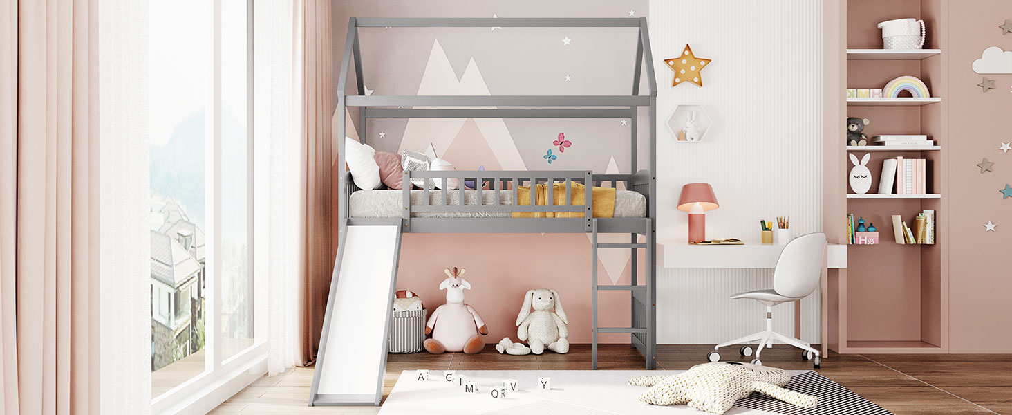 Twin Loft Bed With Slide, House Bed With Slide,White Old Sku :Lt000212Aae Gray Solid Wood