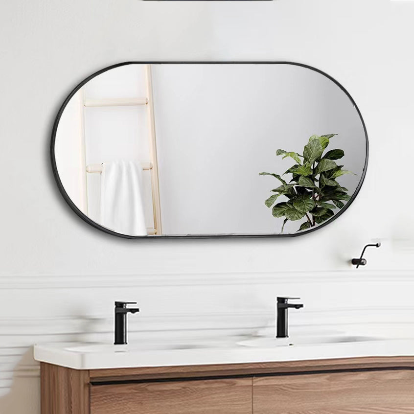 Wall Mounted Mirror 36"X18" Oval Bathroom Mirror Black Vanity Wall Mirror Pre Set Hooks For Vertical Or Horizontal Hang Ideal For Bedroom,Bathroom Black Modern Aluminium