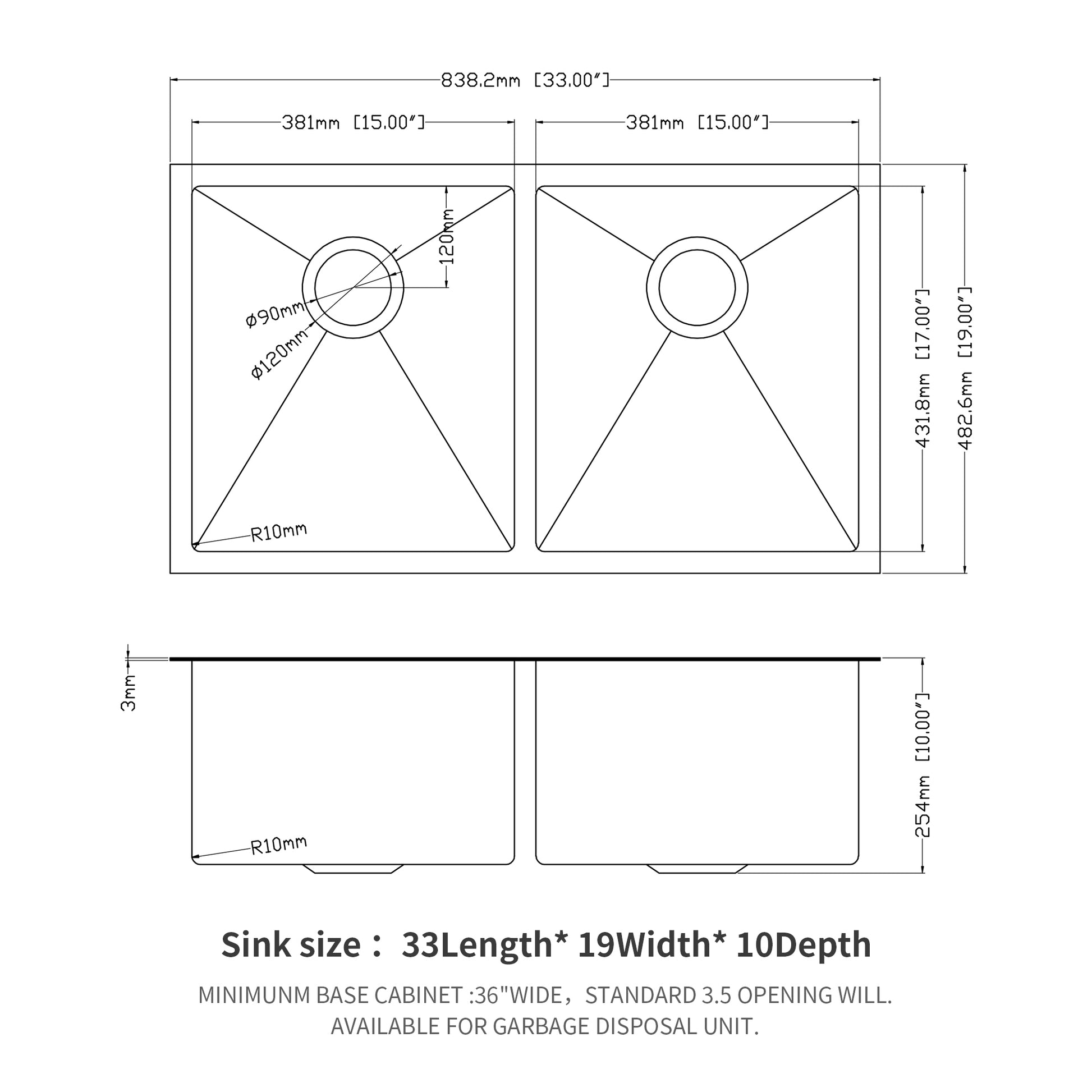 Double Bowl 50 50 Undermount Sink 33"X19" Gunmetal Black Double Bowl Kitchen Sink 16 Gauge With Two 10" Deep Basin Gunmetal Black Stainless Steel