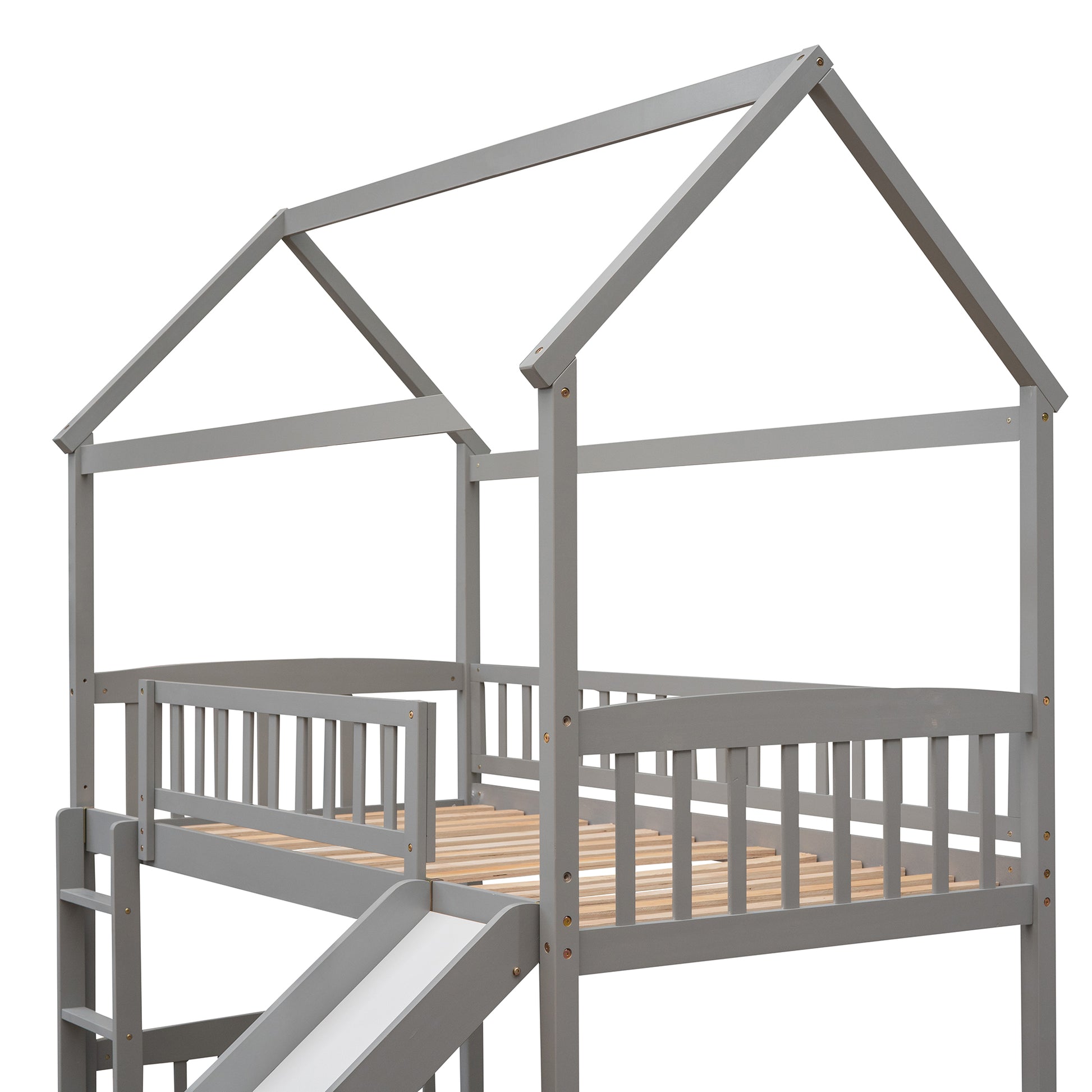 Twin Loft Bed With Slide, House Bed With Slide,White Old Sku :Lt000212Aae Gray Solid Wood