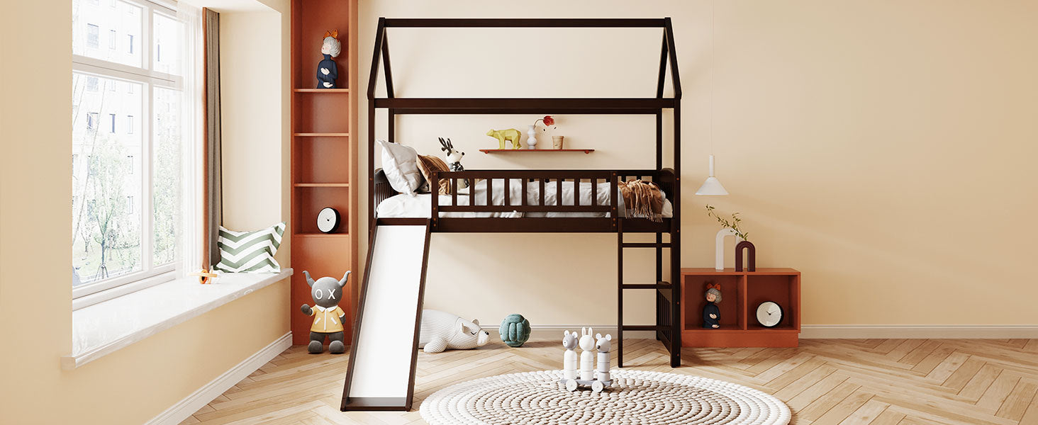 Twin Loft Bed With Slide, House Bed With Slide,Espresso Old Sku :Lt000212Aap Espresso Solid Wood