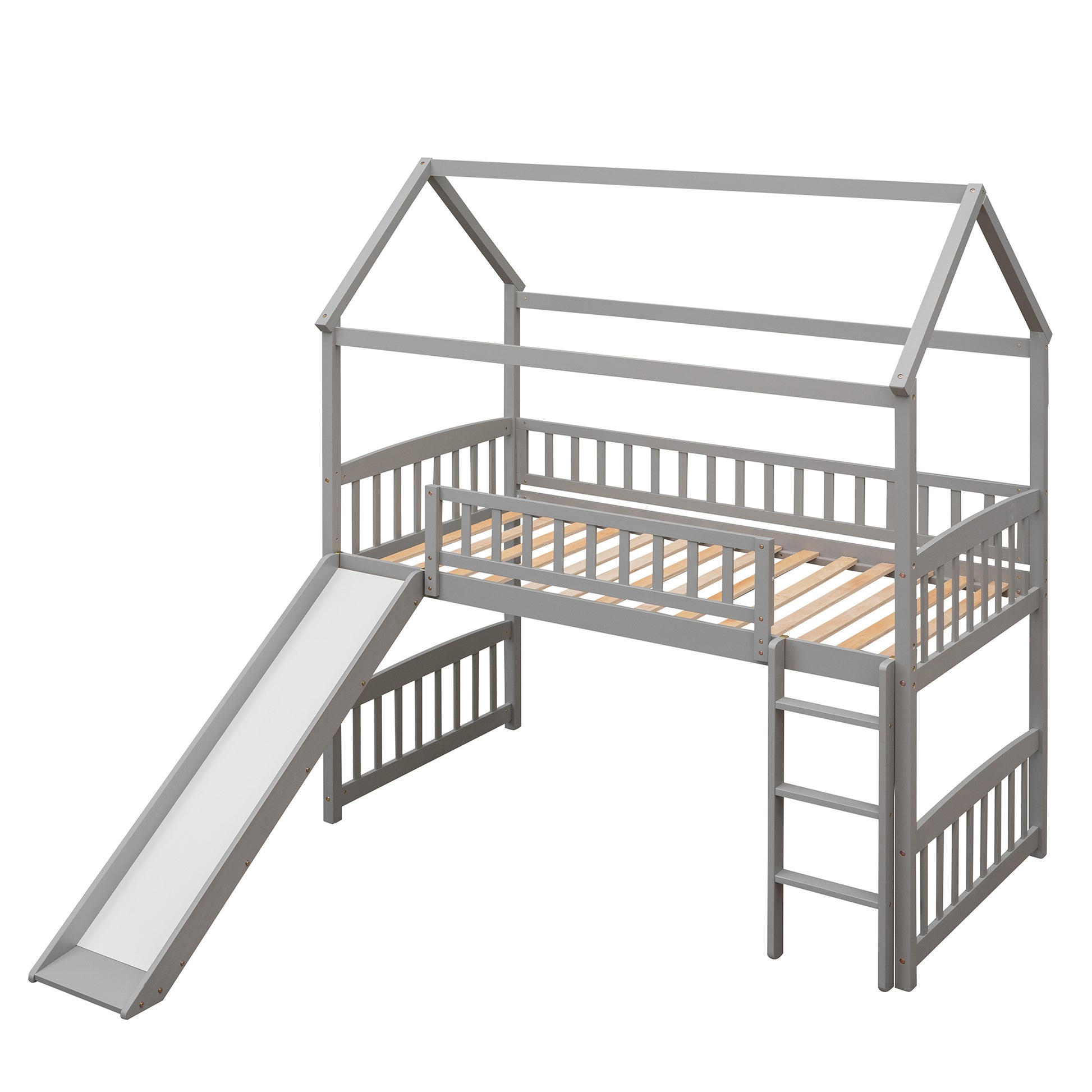 Twin Loft Bed With Slide, House Bed With Slide,White Old Sku :Lt000212Aae Gray Solid Wood