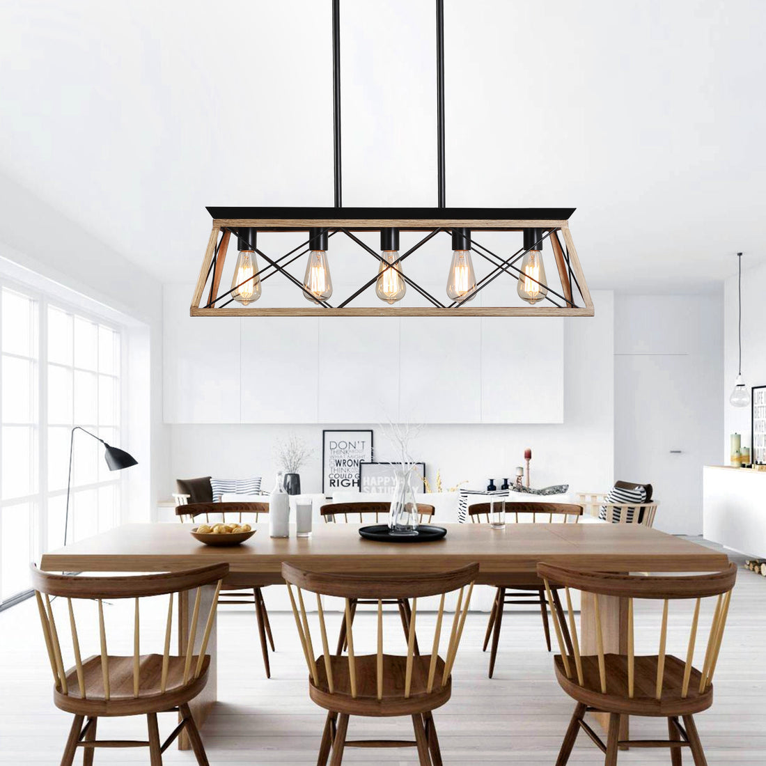 5 Light Farmhouse Chandeliers For Dining Room Oak No Bulbs Oak Ceiling Lights Traditional Iron,Wood