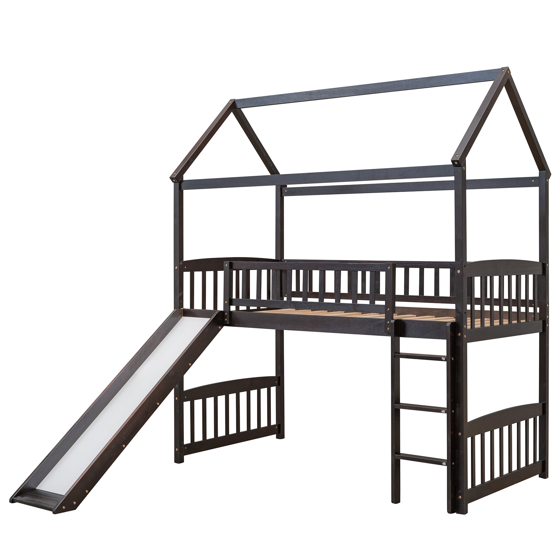 Twin Loft Bed With Slide, House Bed With Slide,Espresso Old Sku :Lt000212Aap Espresso Solid Wood