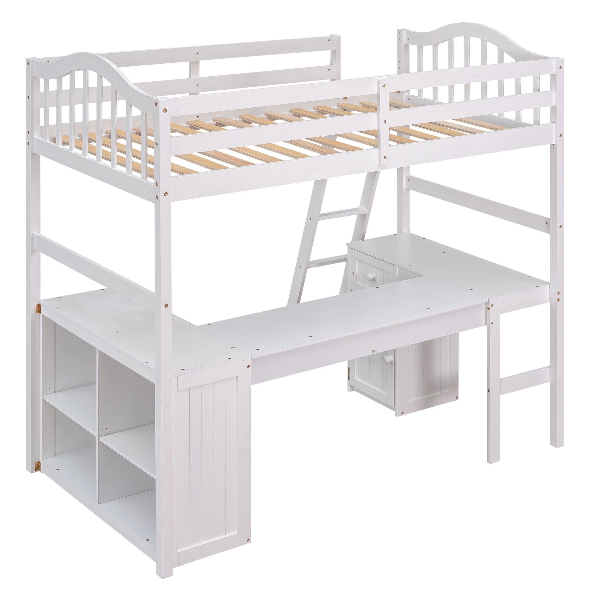 Twin Size Loft Bed With Drawers, Cabinet, Shelves And Desk, Wooden Loft Bed With Desk White Old Sku :Lt000505Aak White Solid Wood