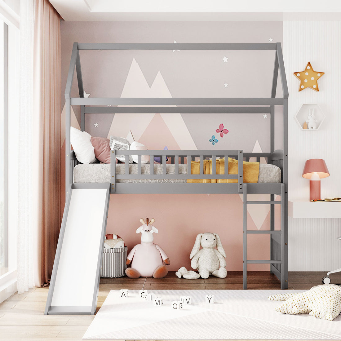 Twin Loft Bed With Slide, House Bed With Slide,White Old Sku :Lt000212Aae Gray Solid Wood