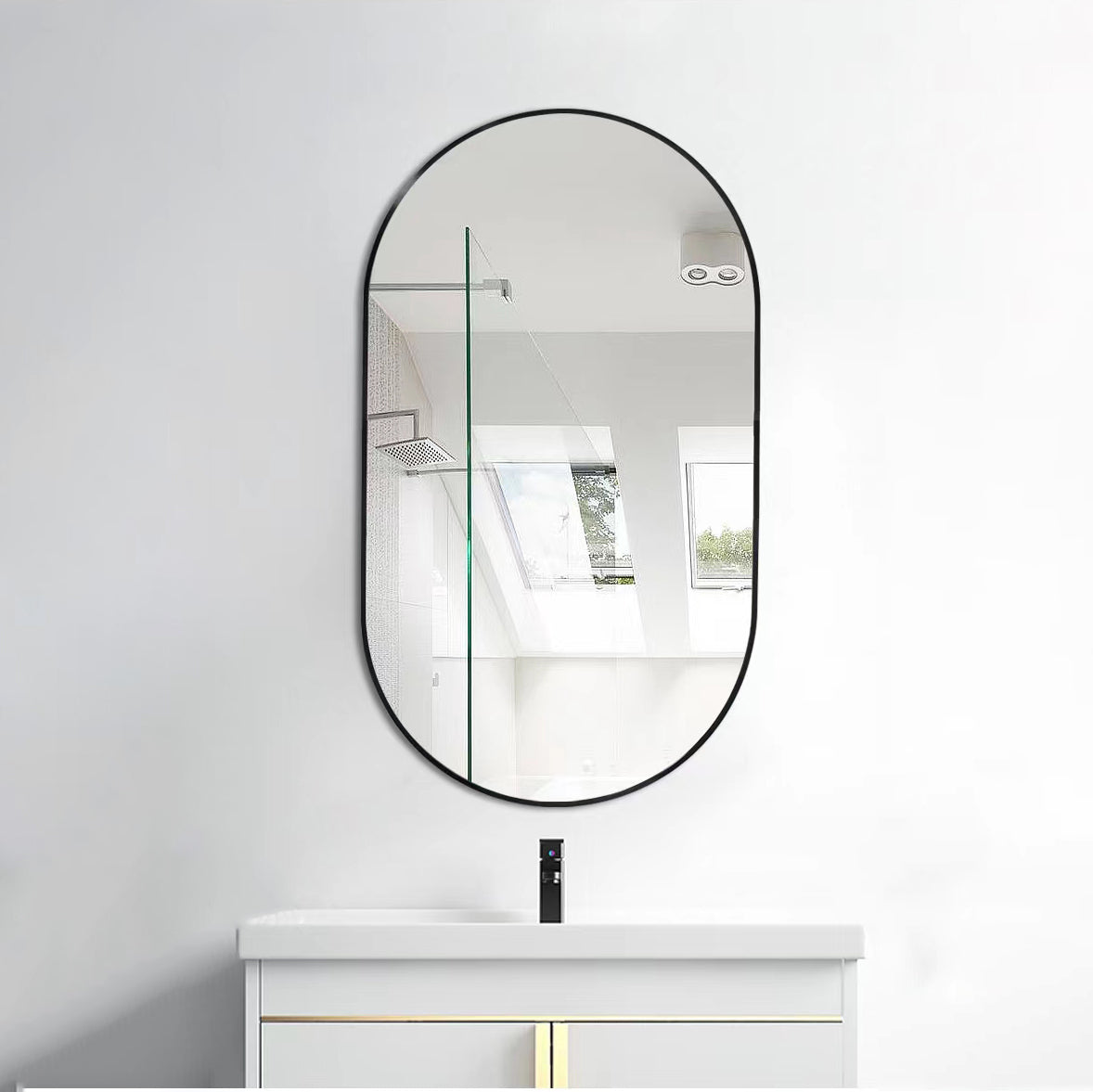 Wall Mounted Mirror 36"X18" Oval Bathroom Mirror Black Vanity Wall Mirror Pre Set Hooks For Vertical Or Horizontal Hang Ideal For Bedroom,Bathroom Black Modern Aluminium