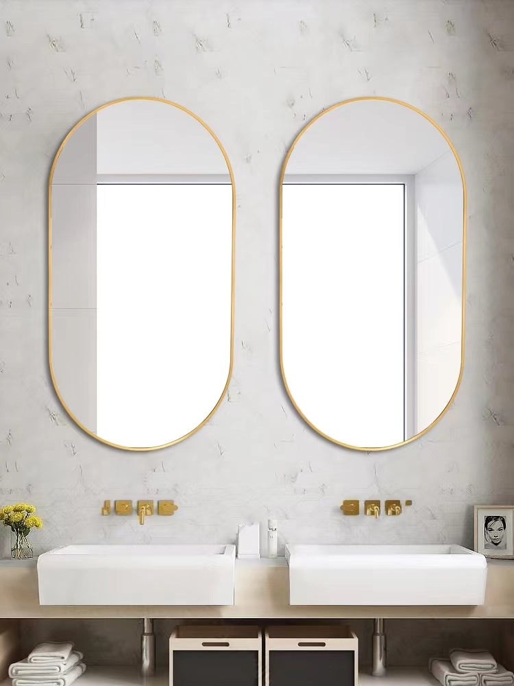 Wall Mounted Mirror, 36"X18" Oval Bathroom Mirror, Gold Vanity Wall Mirror Pre Set Hooks For Vertical & Horizontal Hang, Ideal For Bedroom, Bathroom Gold Modern Aluminium