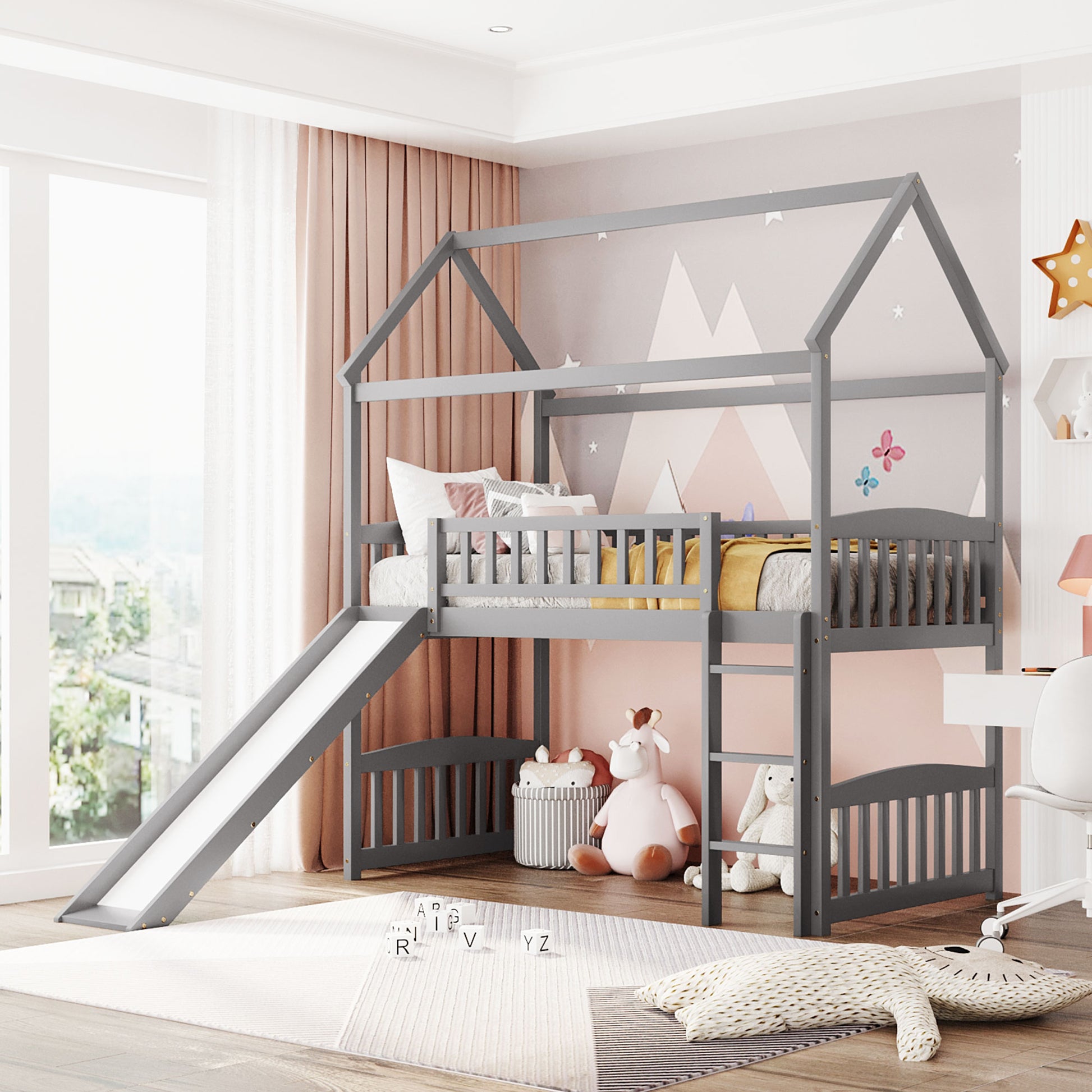 Twin Loft Bed With Slide, House Bed With Slide,White Old Sku :Lt000212Aae Gray Solid Wood