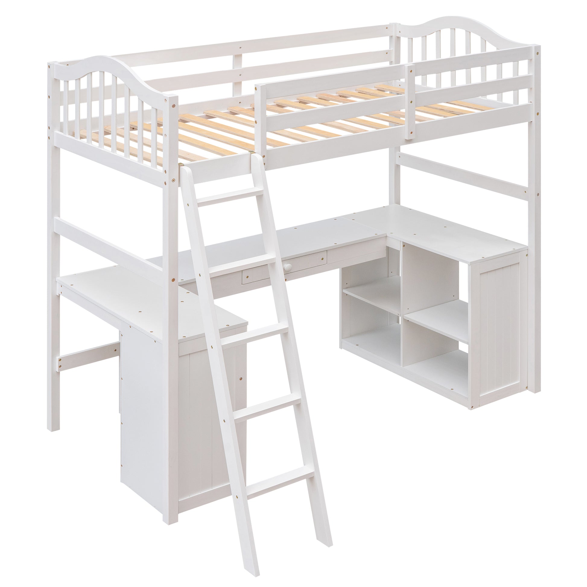 Twin Size Loft Bed With Drawers, Cabinet, Shelves And Desk, Wooden Loft Bed With Desk White Old Sku :Lt000505Aak White Solid Wood