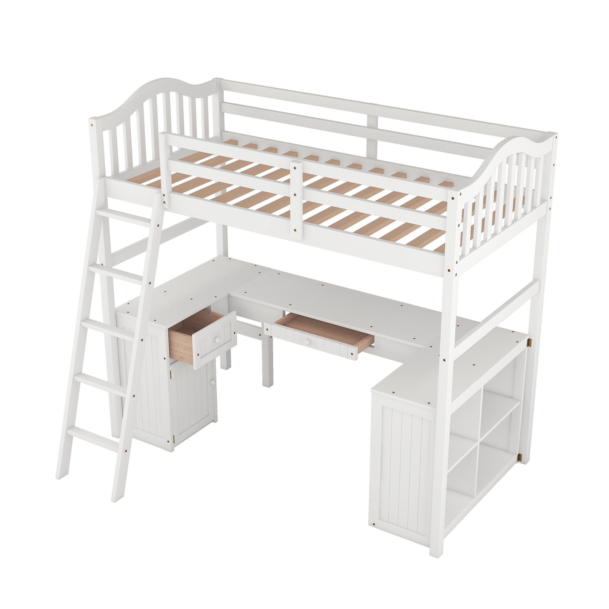 Twin Size Loft Bed With Drawers, Cabinet, Shelves And Desk, Wooden Loft Bed With Desk White Old Sku :Lt000505Aak White Solid Wood