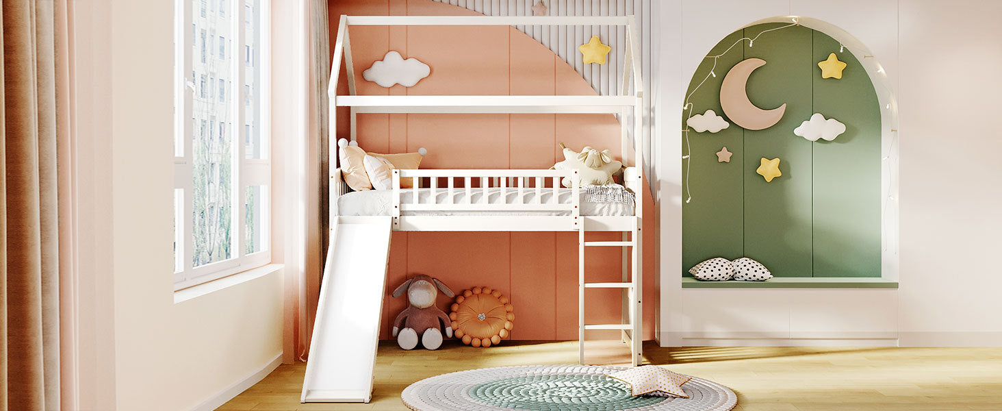 Twin Loft Bed With Slide, House Bed With Slide,White Old Sku :Lt000212Aak White Solid Wood