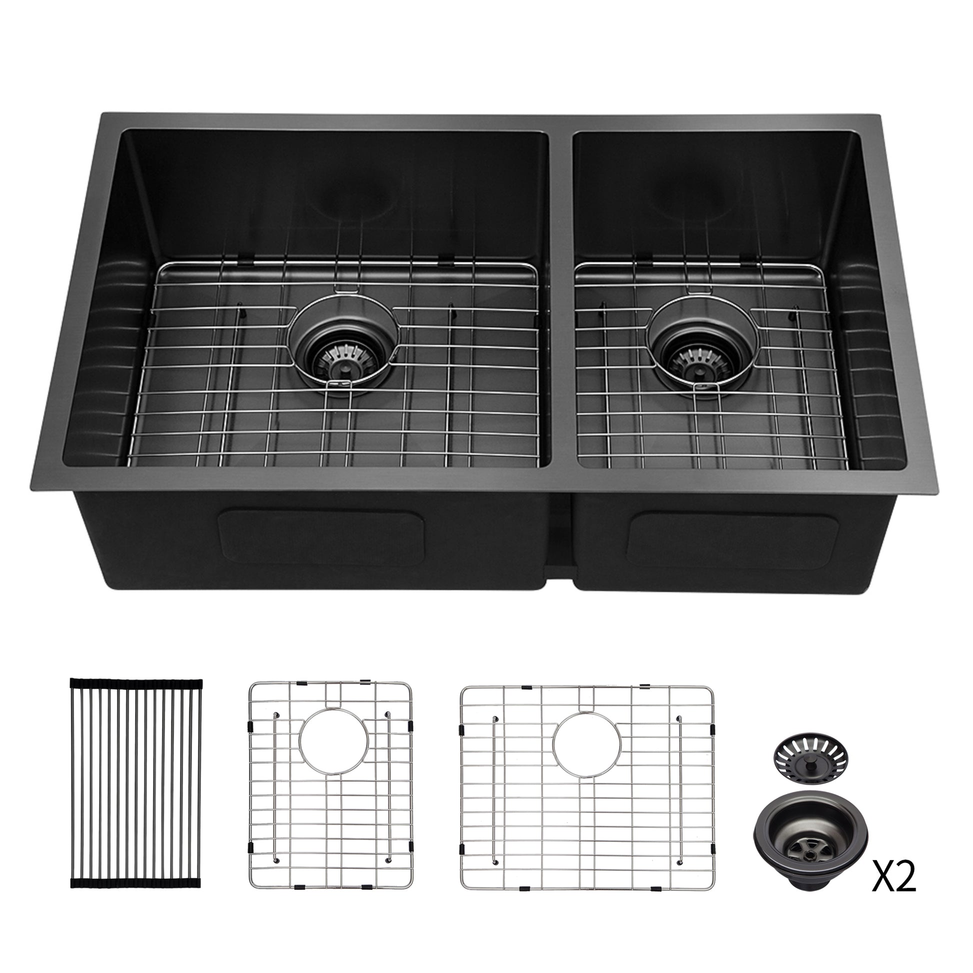 Double Bowl 60 40 Undermount Sink 33"X19" Gunmetal Black Double Bowl Kitchen Sink 16 Gauge With Two 10" Deep Basin Gunmetal Black Stainless Steel