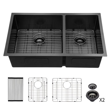 Double Bowl 60 40 Undermount Sink 33"X19" Gunmetal Black Double Bowl Kitchen Sink 16 Gauge With Two 10" Deep Basin Gunmetal Black Stainless Steel