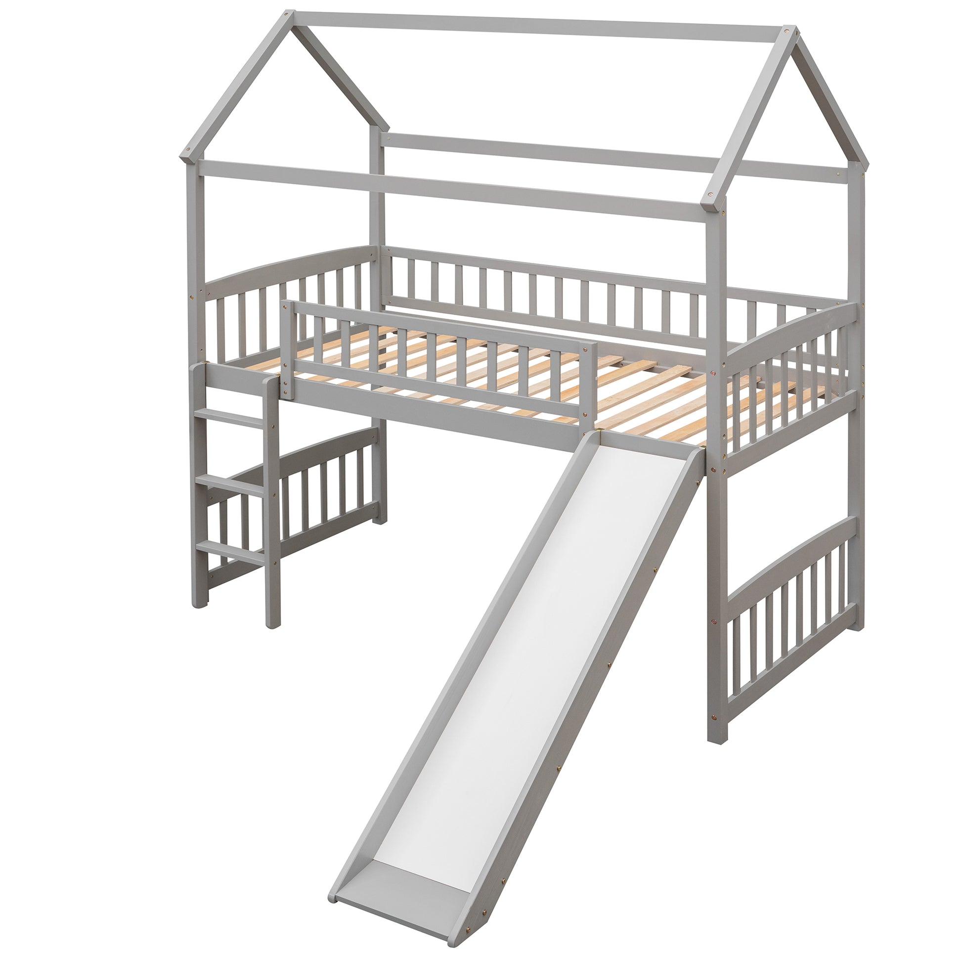 Twin Loft Bed With Slide, House Bed With Slide,White Old Sku :Lt000212Aae Gray Solid Wood