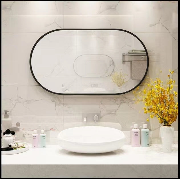 Wall Mounted Mirror 36"X18" Oval Bathroom Mirror Black Vanity Wall Mirror Pre Set Hooks For Vertical Or Horizontal Hang Ideal For Bedroom,Bathroom Black Modern Aluminium