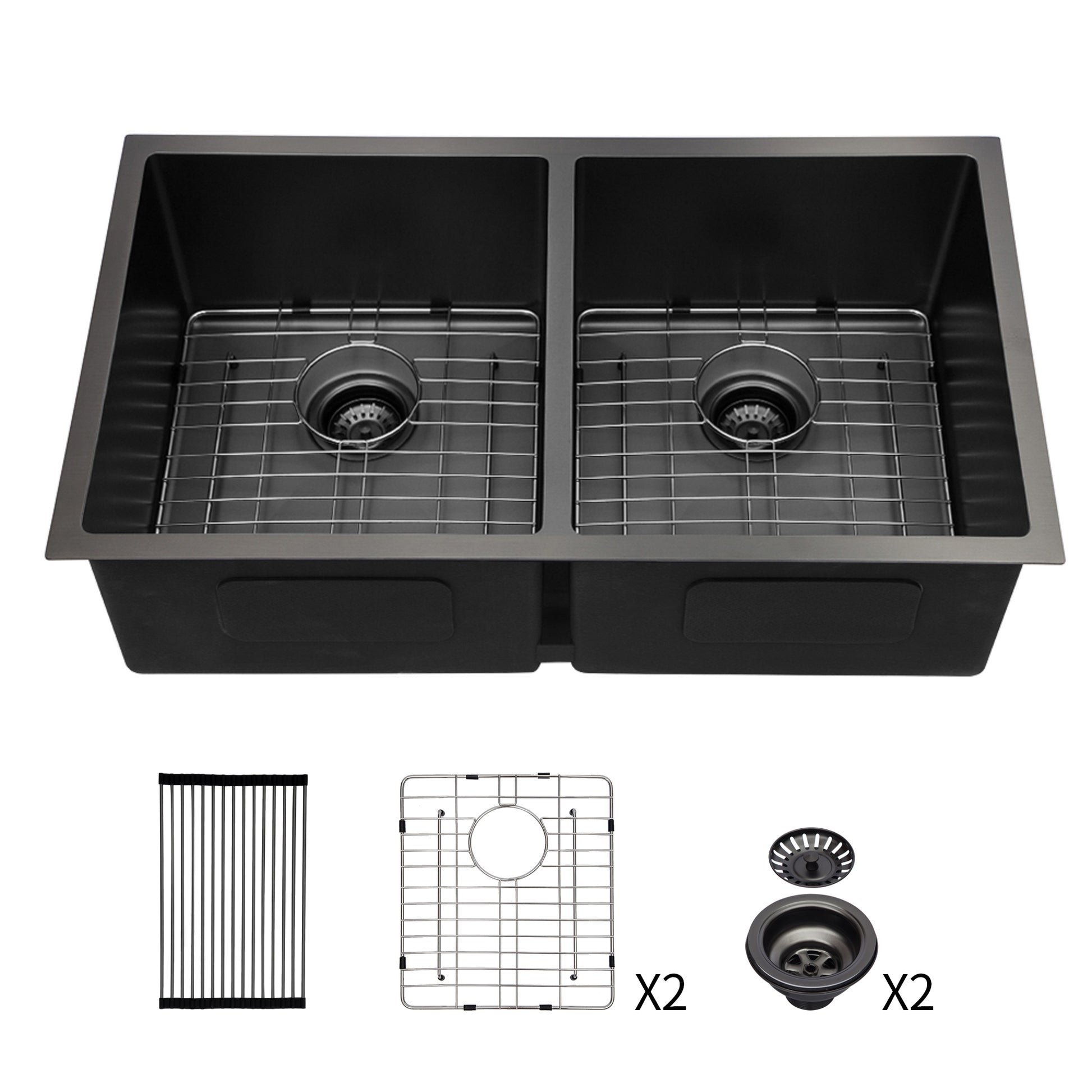 Double Bowl 50 50 Undermount Sink 33"X19" Gunmetal Black Double Bowl Kitchen Sink 16 Gauge With Two 10" Deep Basin Gunmetal Black Stainless Steel