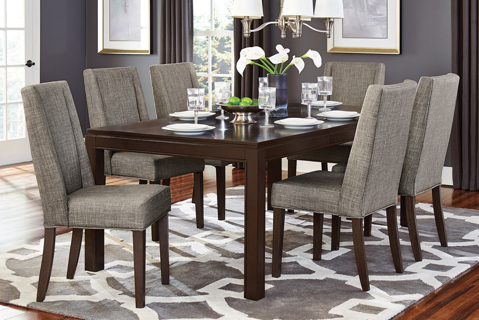 Contemporary Dark Brown 5Pc Dining Set Table With Extension Leaf And 4X Upholstered Side Chairs Modern Dining Room Furniture Wood Wood Dark Brown Seats 4 Wood Dining Room Extendable Contemporary 4 Leg Rectangular Dining Table With Chair Wood