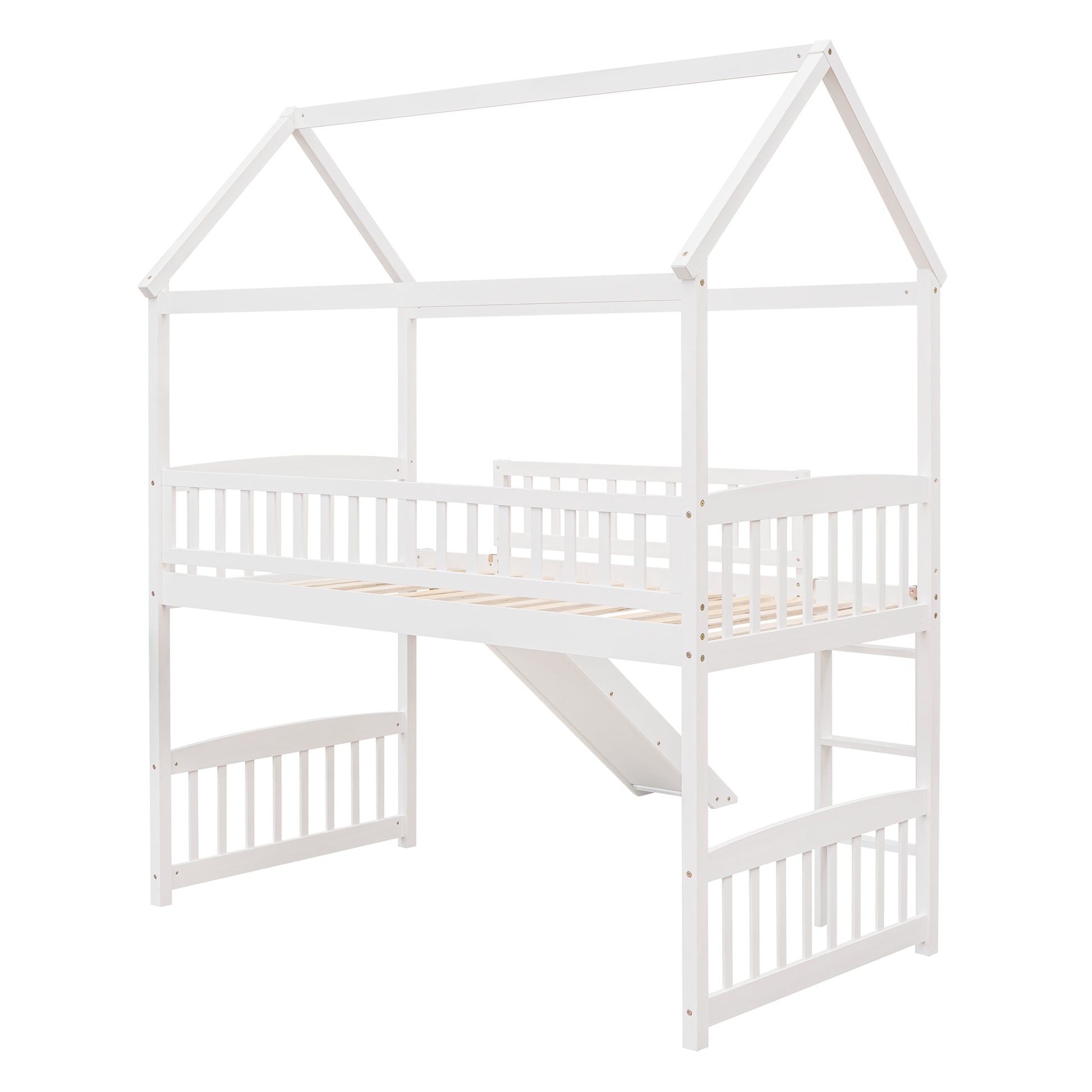 Twin Loft Bed With Slide, House Bed With Slide,White Old Sku :Lt000212Aak White Solid Wood