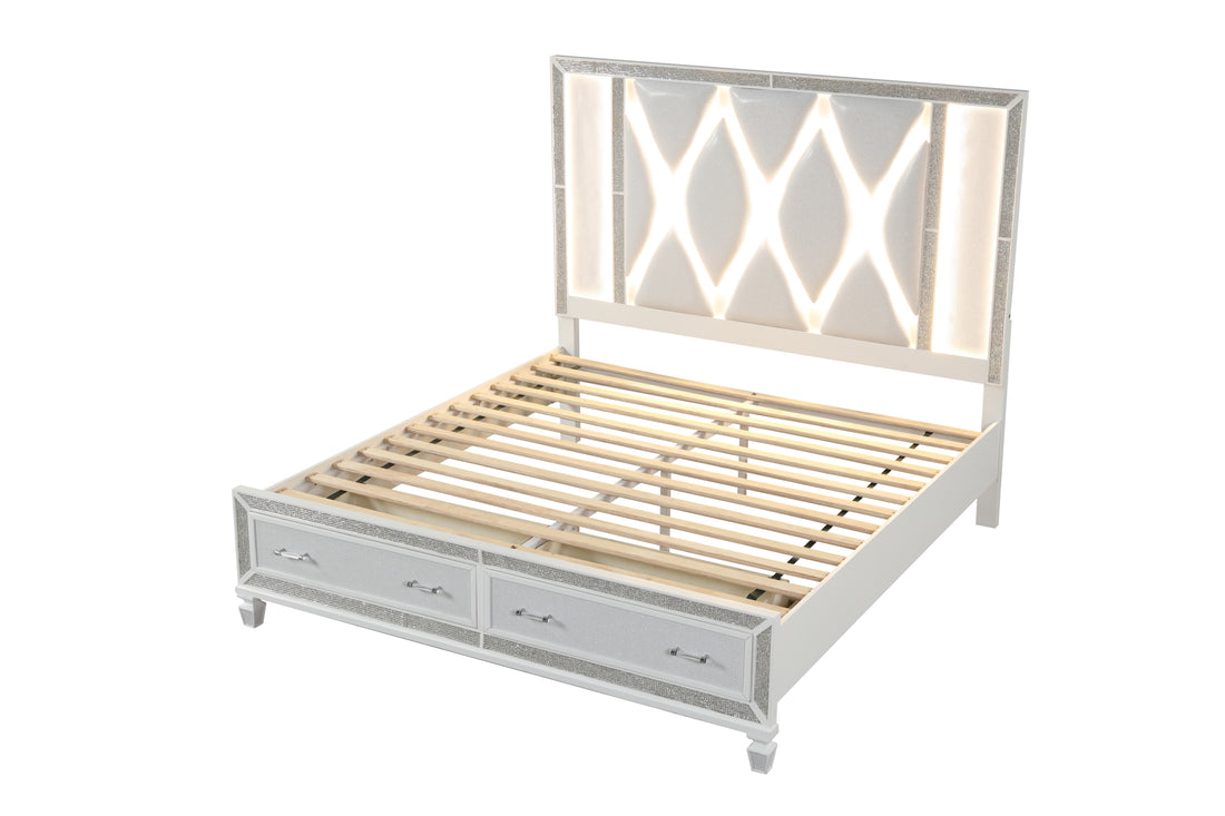 Crystal Queen Storage Bed Made With Wood Finished In White Box Spring Not Required Queen White Wood Bedroom Contemporary,Modern Slat Beds Solid Wood Mdf Polyester Wood