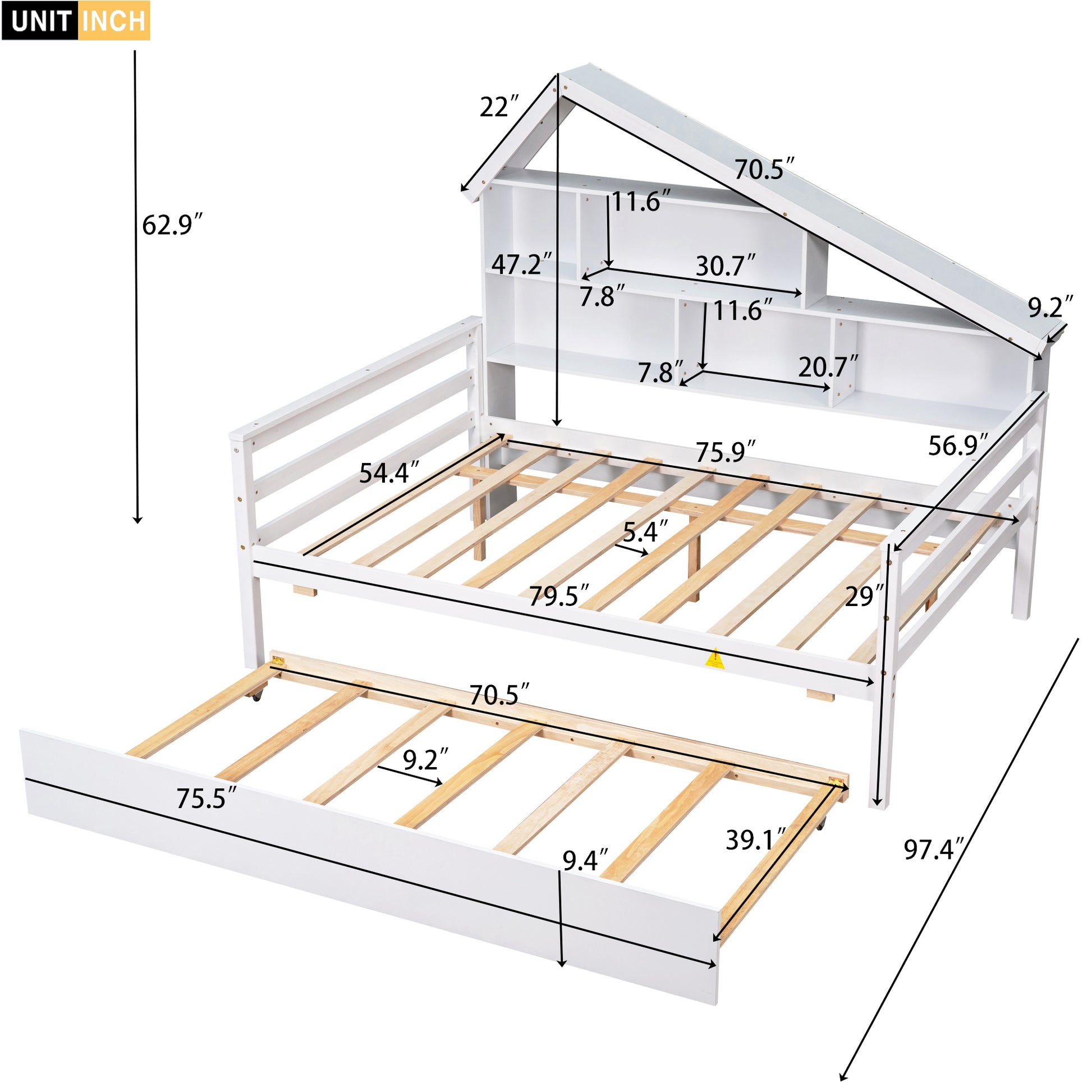 Full Size Platform Bed With Trundle And Shelves, White White Pine