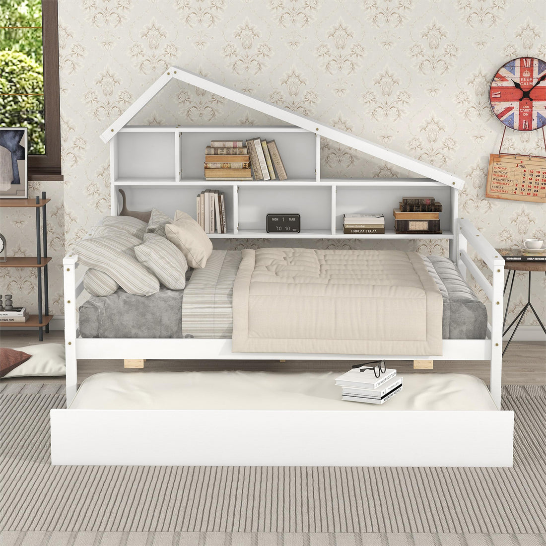 Full Size Platform Bed With Trundle And Shelves, White White Pine