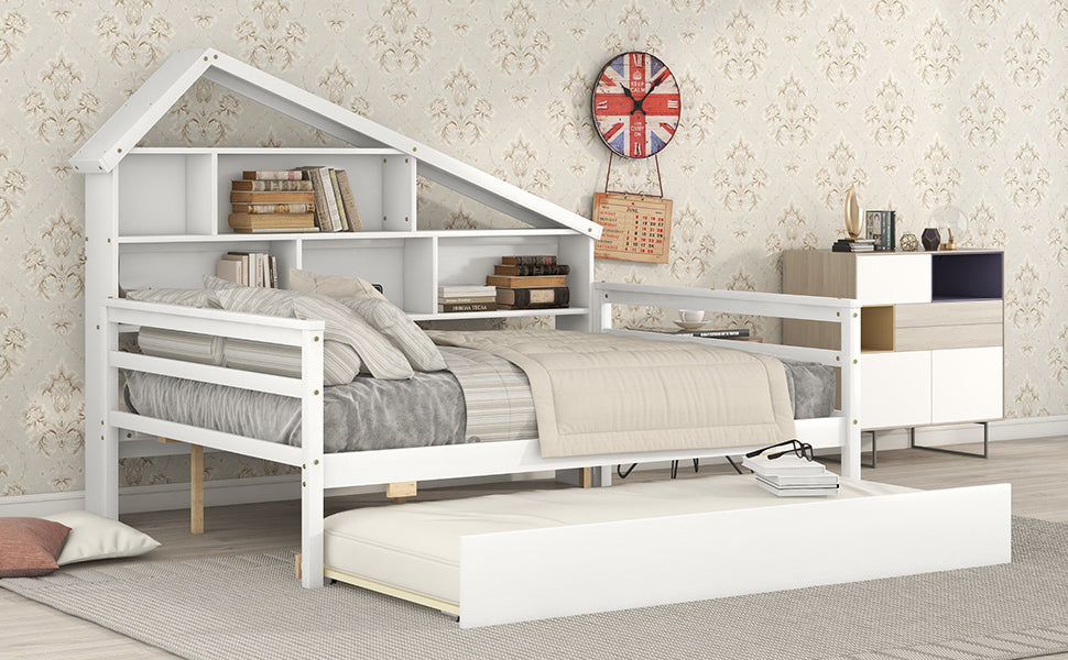 Full Size Platform Bed With Trundle And Shelves, White White Pine