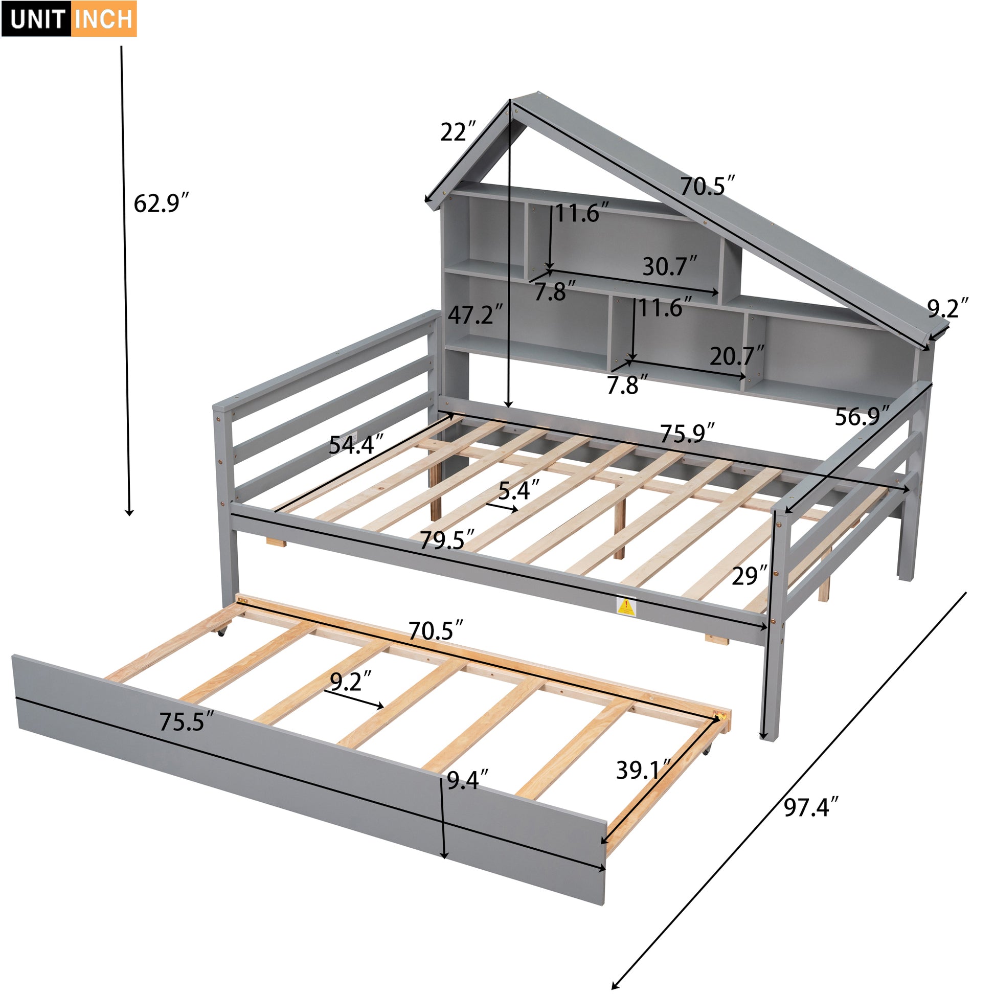 Full Size Platform Bed With Trundle And Shelves, Gray Gray Pine