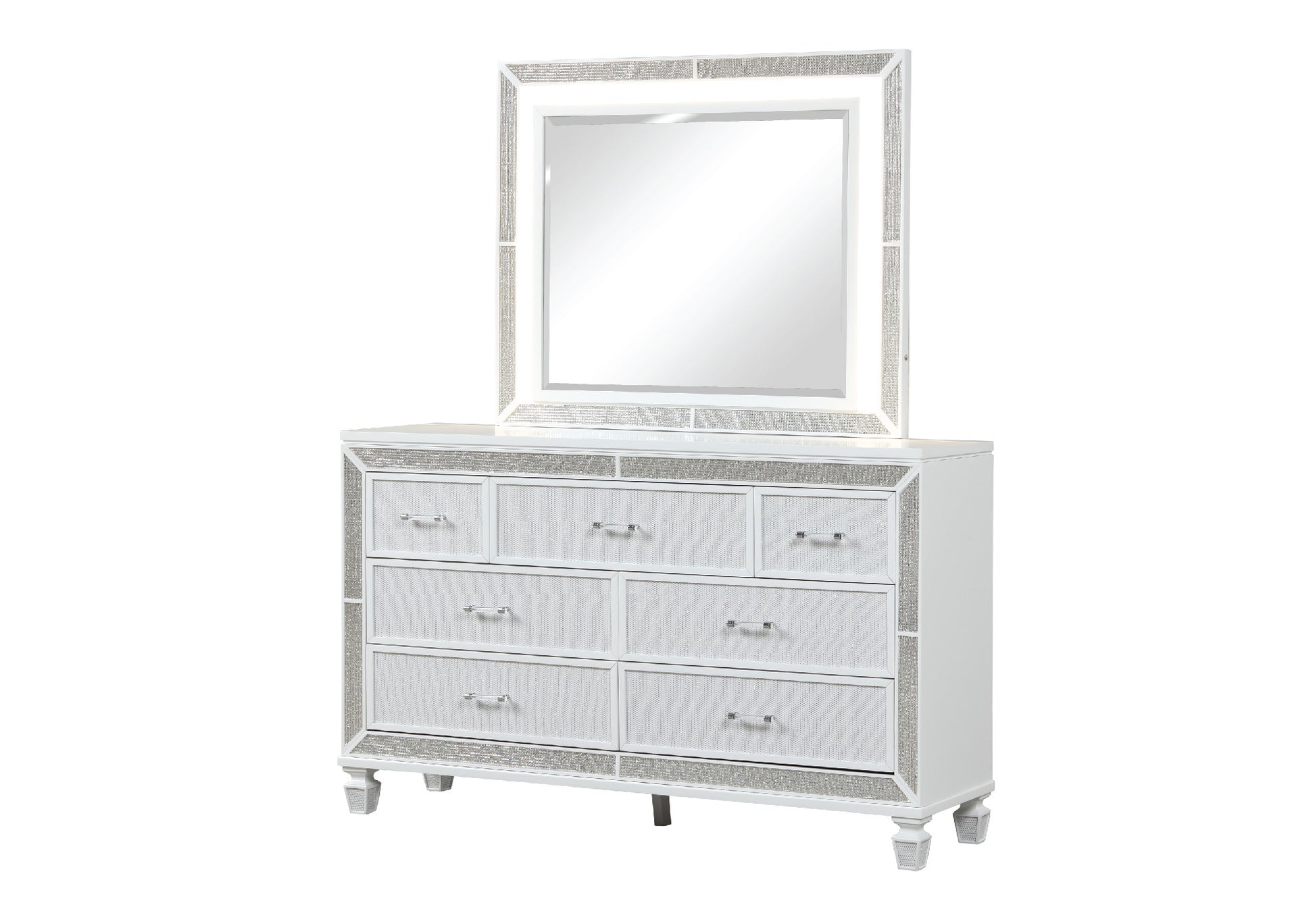 Crystal Queen 5 Pc Storage Wood Bedroom Set Finished In White Box Spring Not Required Queen White Wood 5 Piece Set Bedroom Bed Included,Chest Included,Dresser Included,Mirror Included,Nightstand Included Contemporary,Modern Built In Lighting Wood