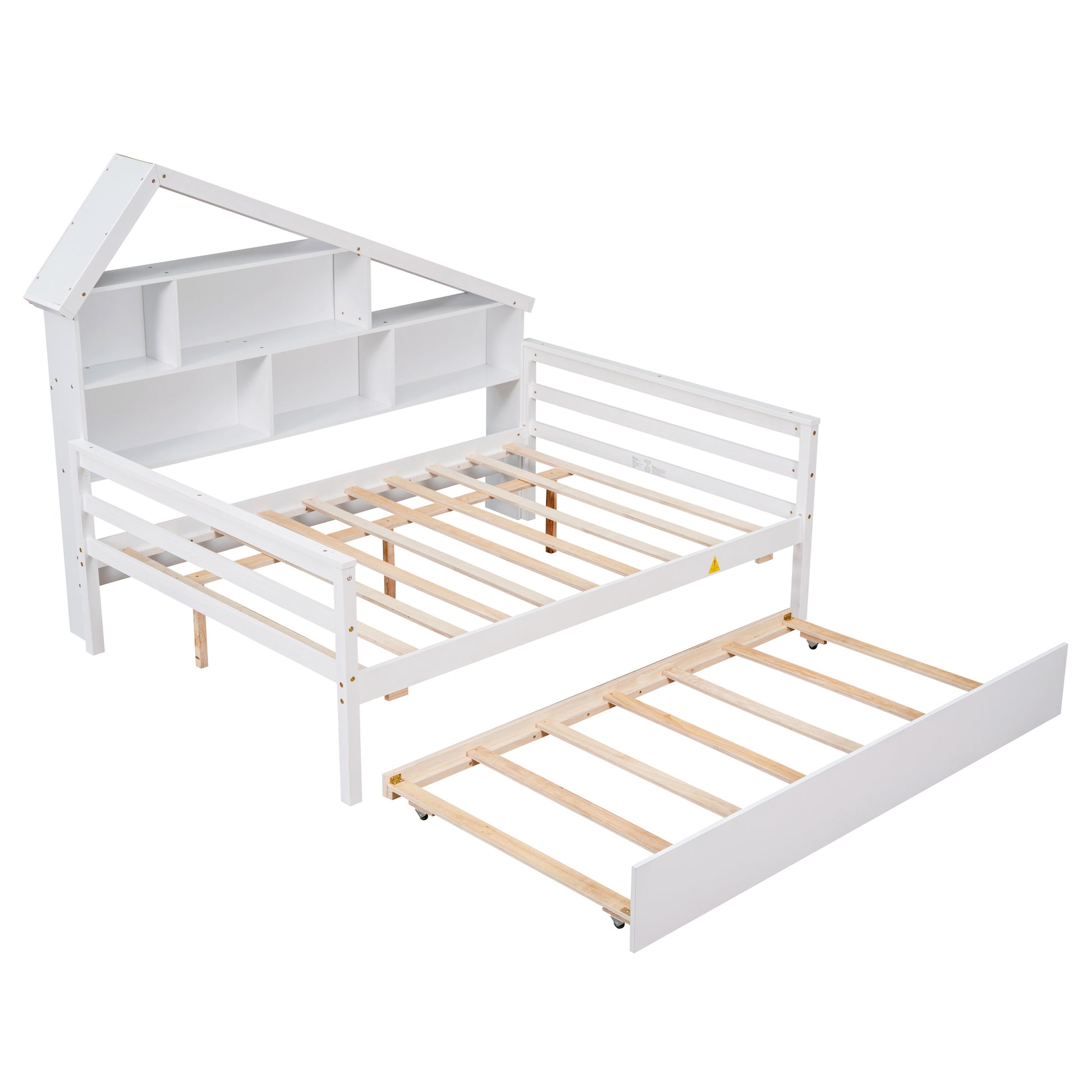 Full Size Platform Bed With Trundle And Shelves, White White Pine