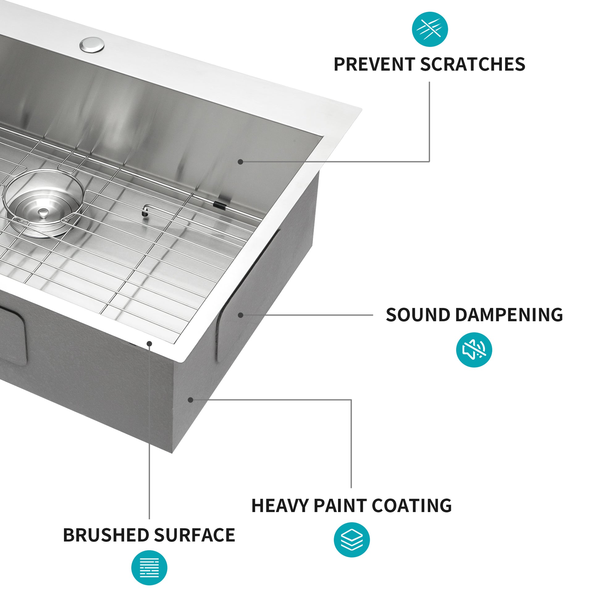 33X22 Inch Kitchen Sink Drop In 18 Gauge Stainless Steel 33" Single Bowl Topmount Kitchen Sink Basin Brushed Nickel Stainless Steel