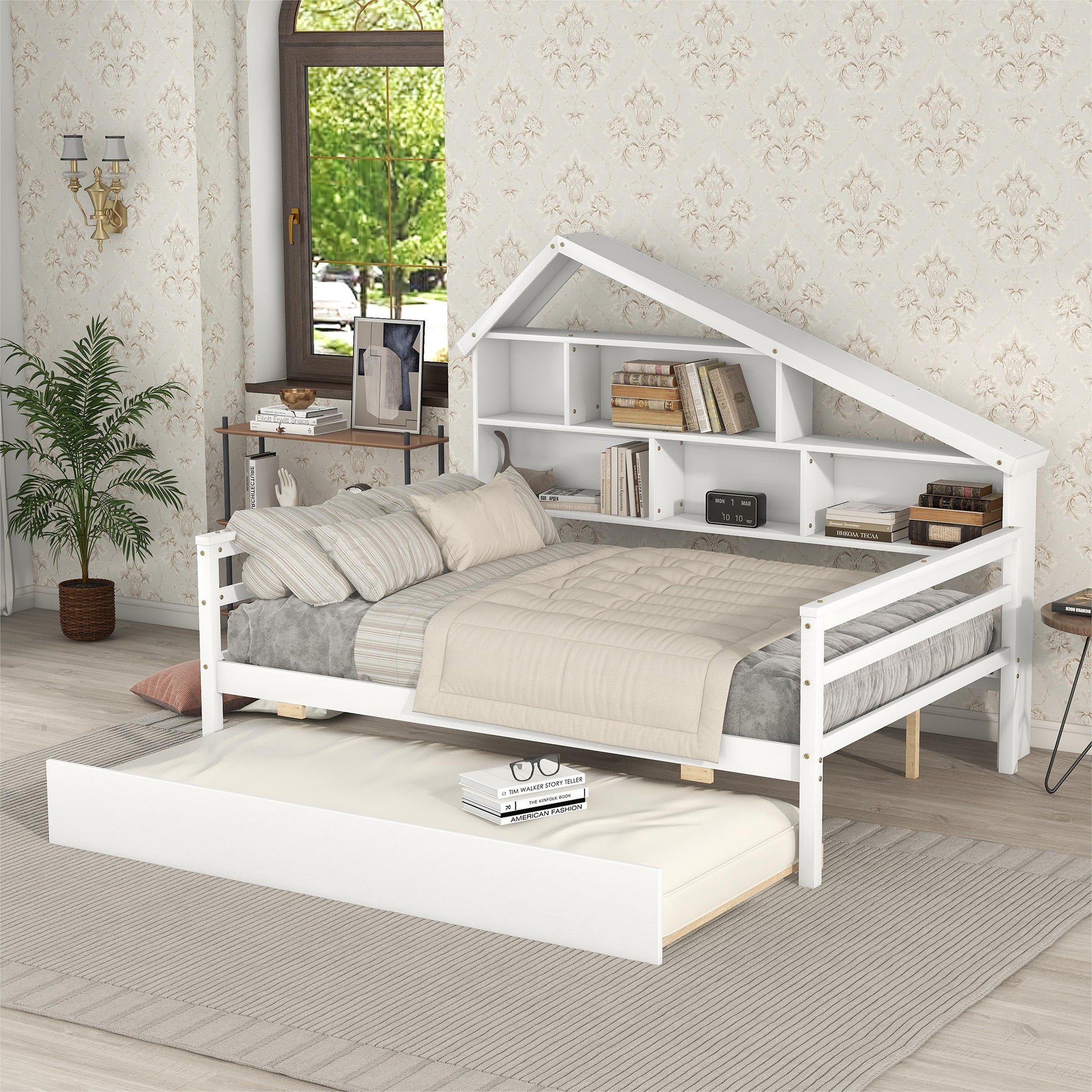 Full Size Platform Bed With Trundle And Shelves, White White Pine