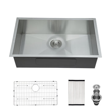 30 Inch Undermount Sink 30"X18"X9" Undermount Stainless Steel Kitchen Sink 18 Gauge 9 Inch Deep Single Bowl Kitchen Sink Basin Brushed Nickel Stainless Steel