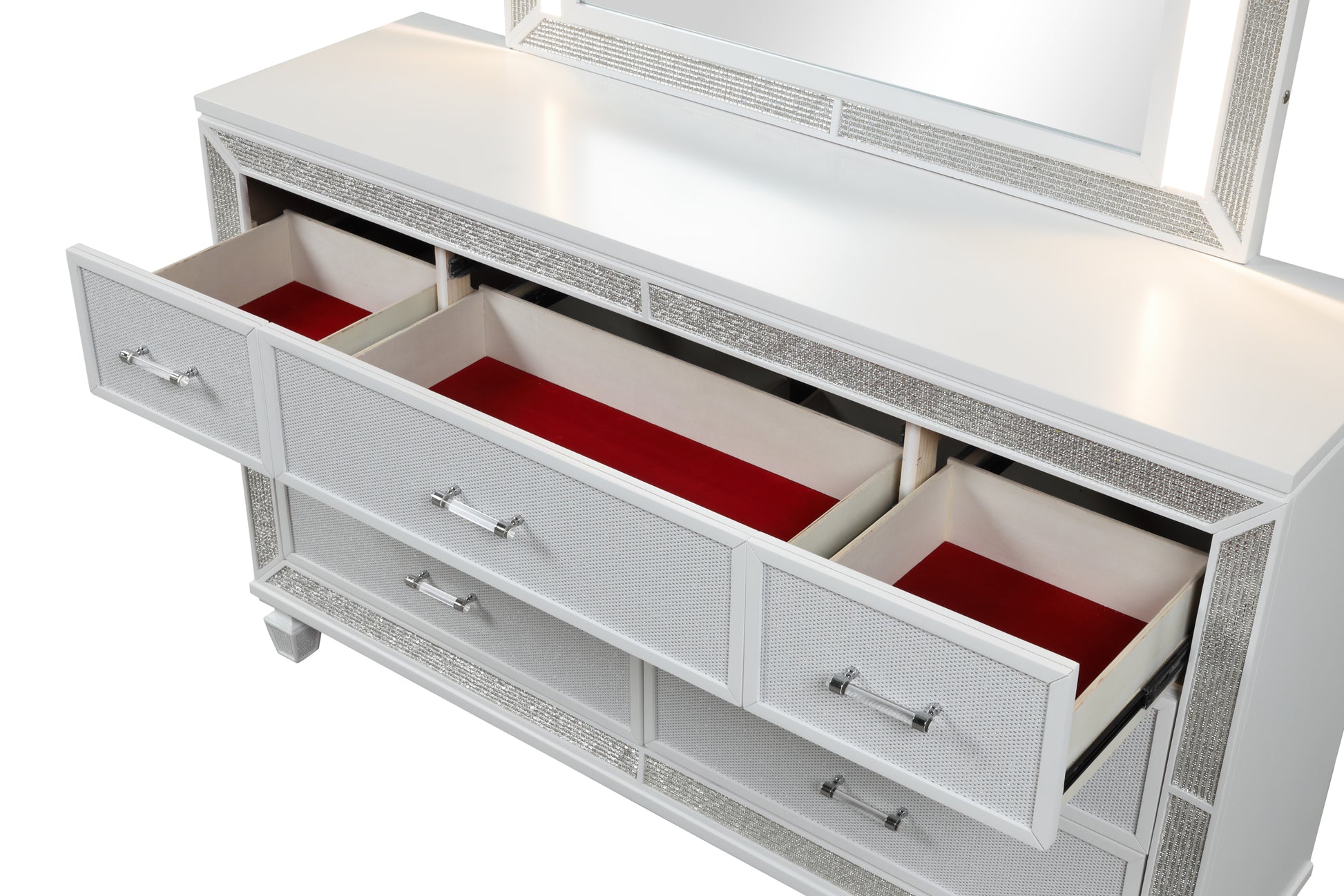 Crystal Queen 5 Pc Storage Wood Bedroom Set Finished In White Box Spring Not Required Queen White Wood 5 Piece Set Bedroom Bed Included,Chest Included,Dresser Included,Mirror Included,Nightstand Included Contemporary,Modern Built In Lighting Wood