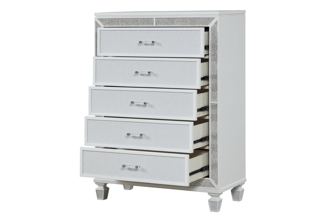 Crystal Chest Made With Wood And Finished In White White Drawer 5 Drawers & Above Ball Bearing Glides Bedroom Contemporary,Modern White Solid Wood Mdf Wood