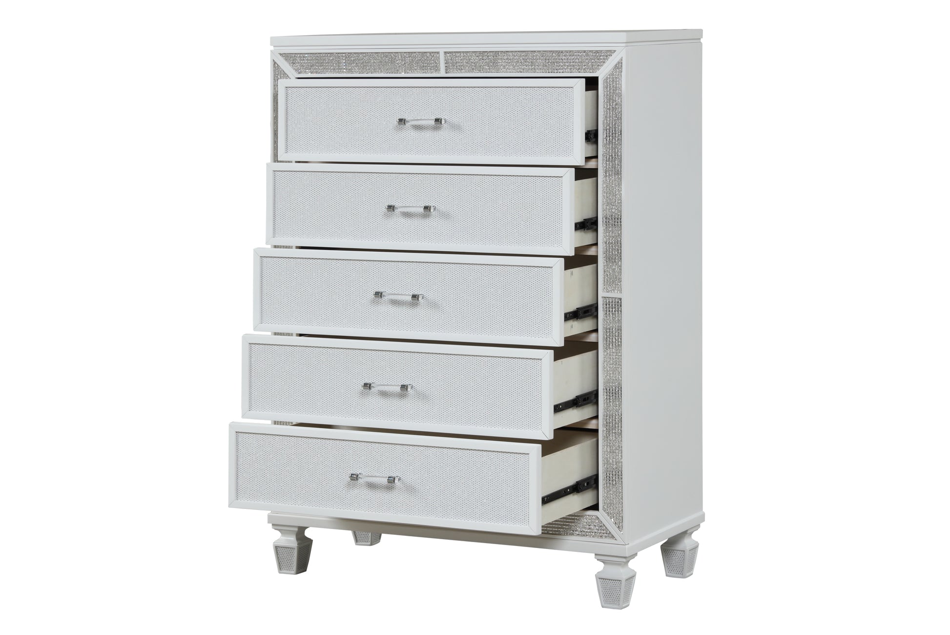 Crystal Chest Made With Wood And Finished In White White Drawer 5 Drawers & Above Ball Bearing Glides Bedroom Contemporary,Modern White Solid Wood Mdf Wood