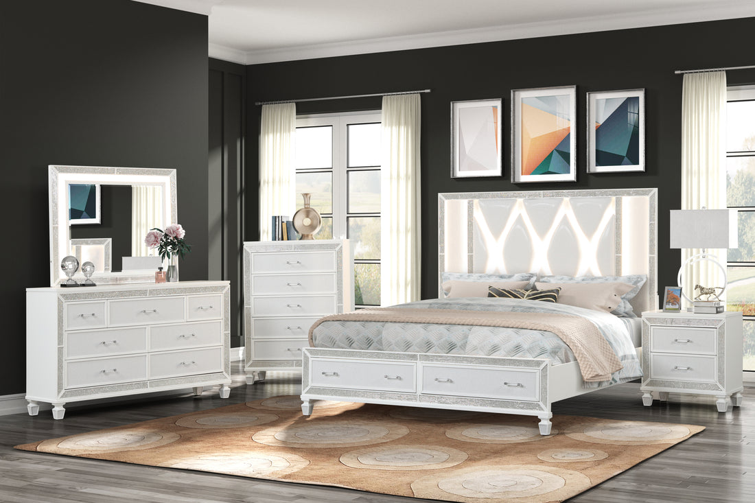 Crystal Queen 5 Pc Storage Wood Bedroom Set Finished In White Box Spring Not Required Queen White Wood 5 Piece Set Bedroom Bed Included,Chest Included,Dresser Included,Mirror Included,Nightstand Included Contemporary,Modern Built In Lighting Wood