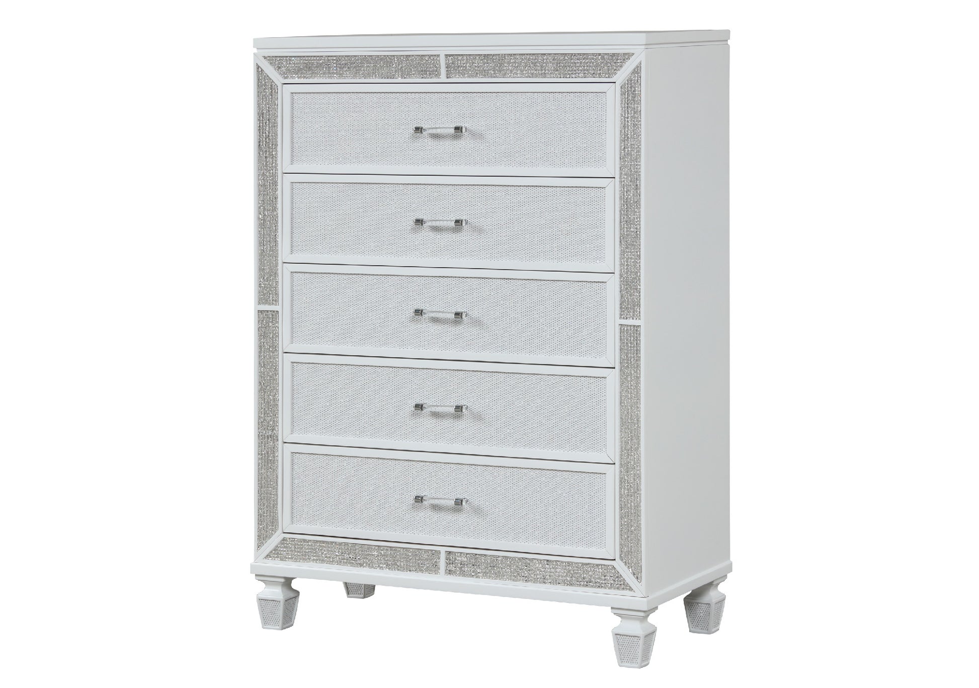 Crystal Chest Made With Wood And Finished In White White Drawer 5 Drawers & Above Ball Bearing Glides Bedroom Contemporary,Modern White Solid Wood Mdf Wood