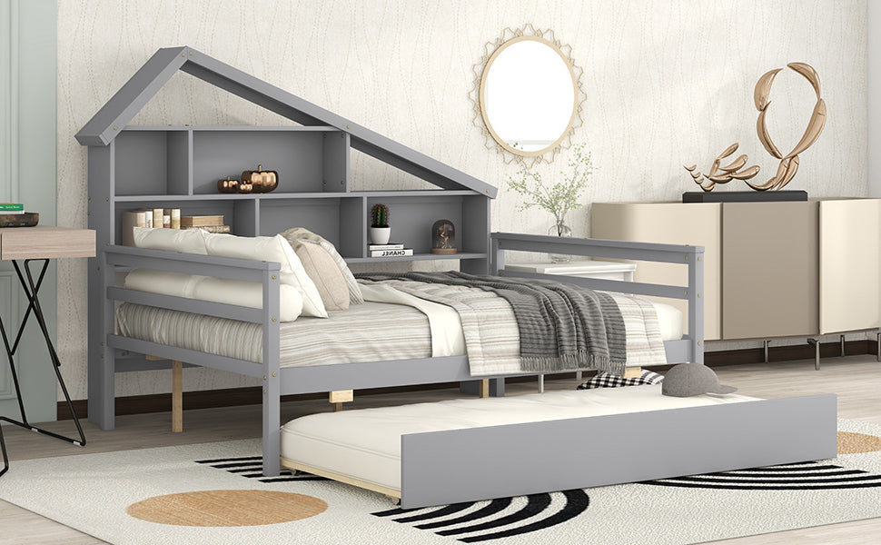 Full Size Platform Bed With Trundle And Shelves, Gray Gray Pine