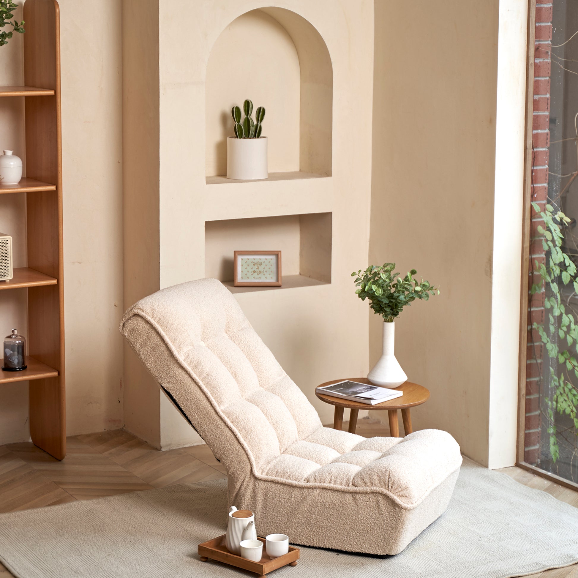 Single Sofa Reclining Chair Japanese Chair Lazy Sofa Tatami Balcony Reclining Chair Leisure Sofa Adjustable Chair White Cotton Metal