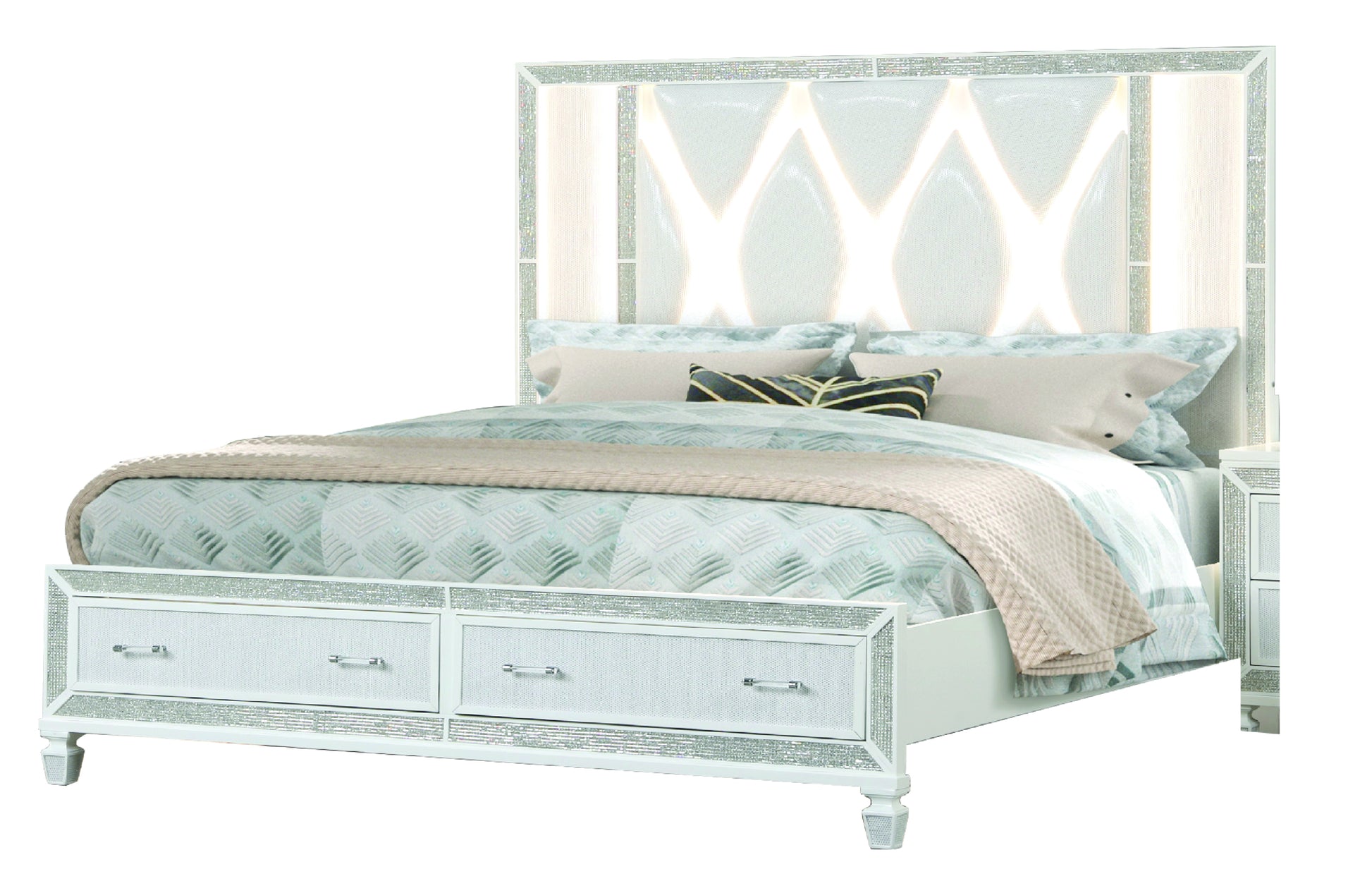 Crystal Queen 4 Pc Storage Wood Bedroom Set Finished In White Box Spring Not Required Queen White Wood 4 Piece Set Bedroom Bed Included,Dresser Included,Mirror Included,Nightstand Included Contemporary,Modern Solid Wood Mdf Polyester Built In Lighting