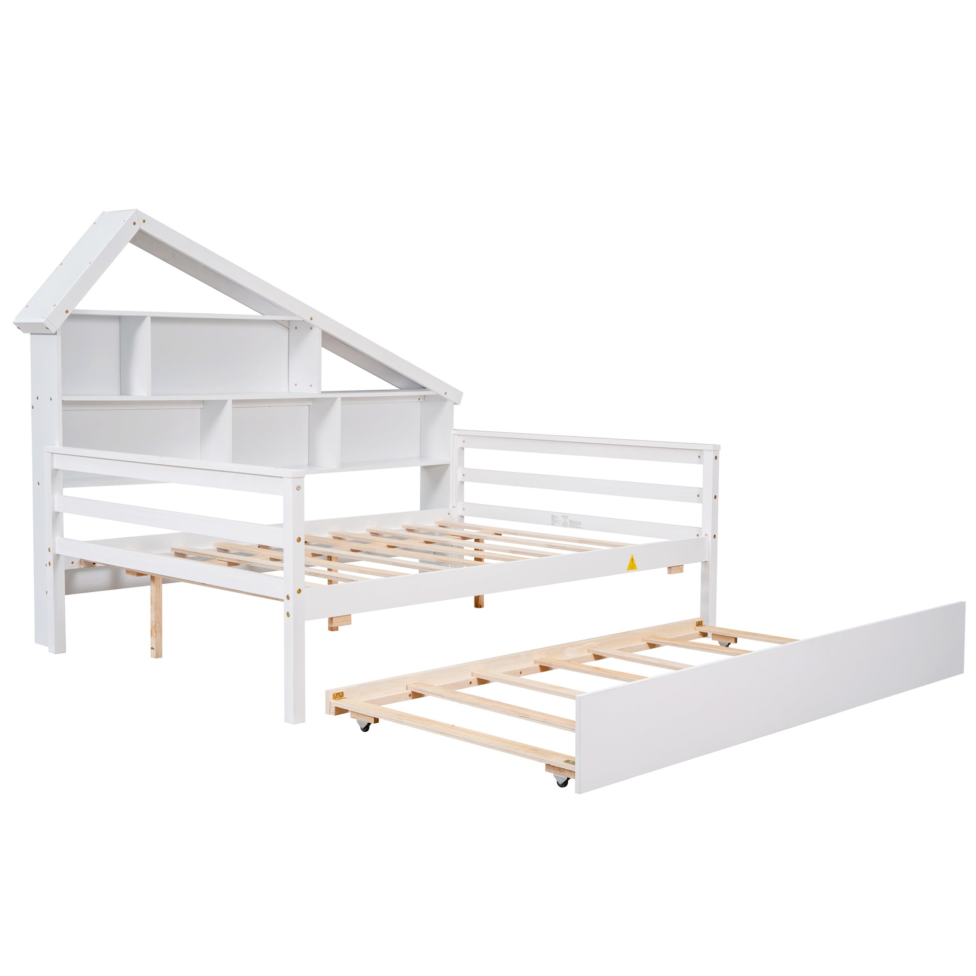 Full Size Platform Bed With Trundle And Shelves, White White Pine