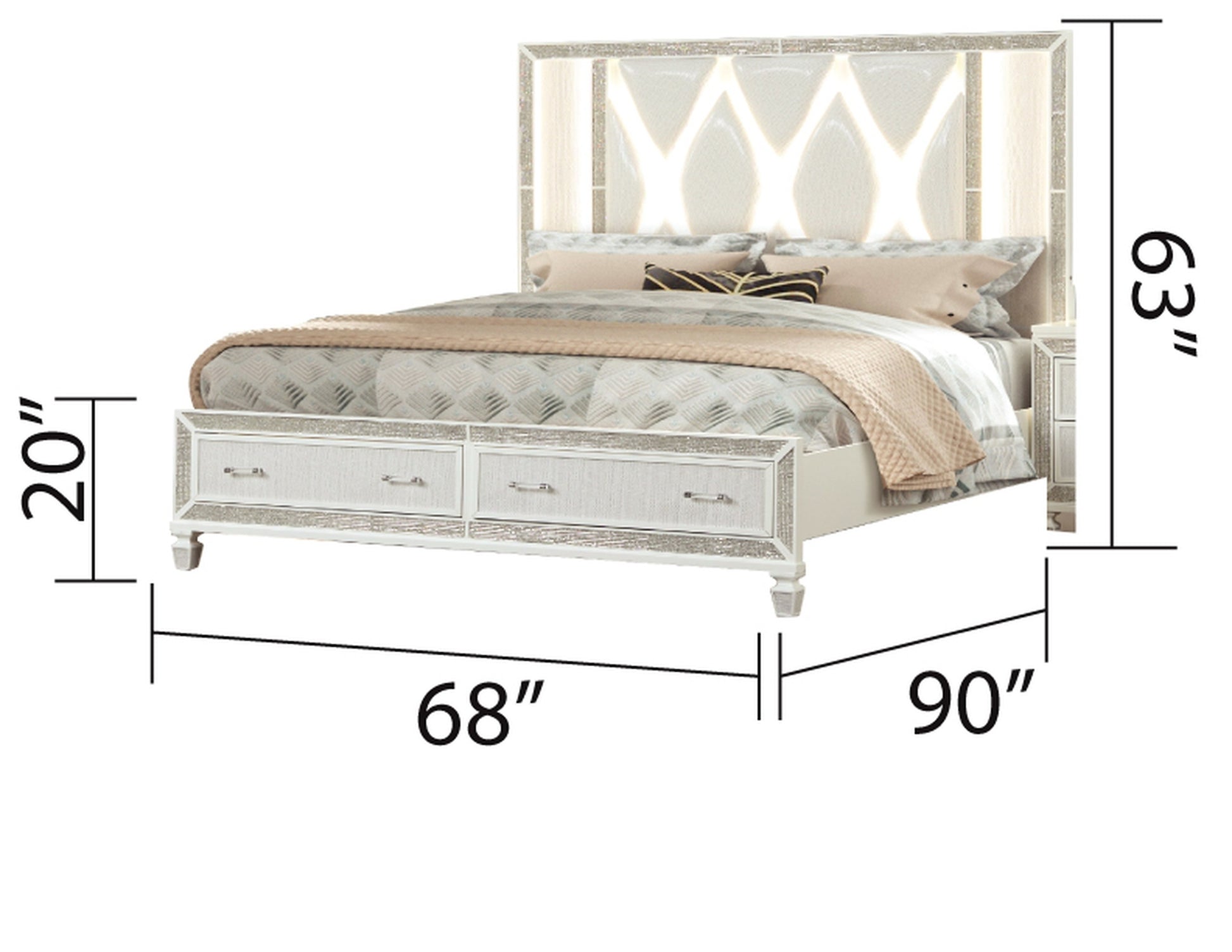 Crystal Queen 4 Pc Storage Wood Bedroom Set Finished In White Box Spring Not Required Queen White Wood 4 Piece Set Bedroom Bed Included,Dresser Included,Mirror Included,Nightstand Included Contemporary,Modern Solid Wood Mdf Polyester Built In Lighting