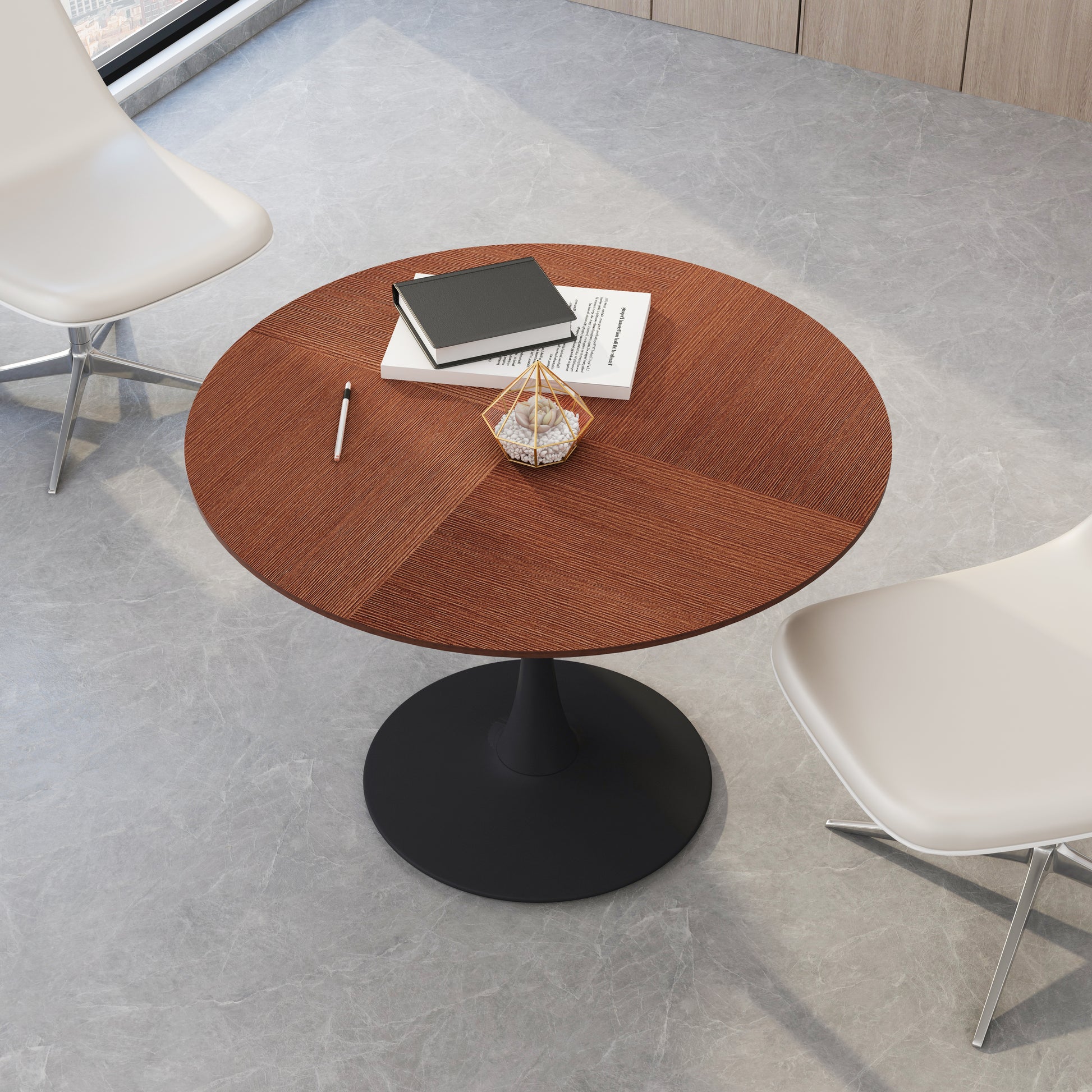 42"Modern Round Dining Table With Printed Oak Color Grain Table Top,Metal Base Dining Table, End Table Leisure Coffee Table Oak Mdf