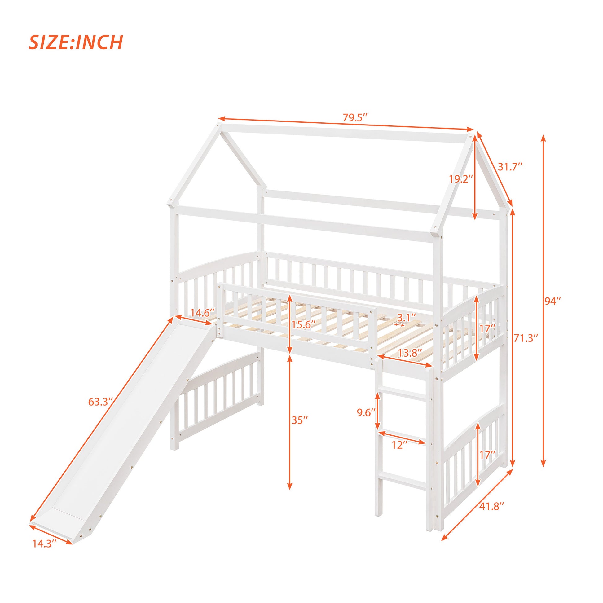 Twin Loft Bed With Slide, House Bed With Slide,White Old Sku :Lt000212Aak White Solid Wood