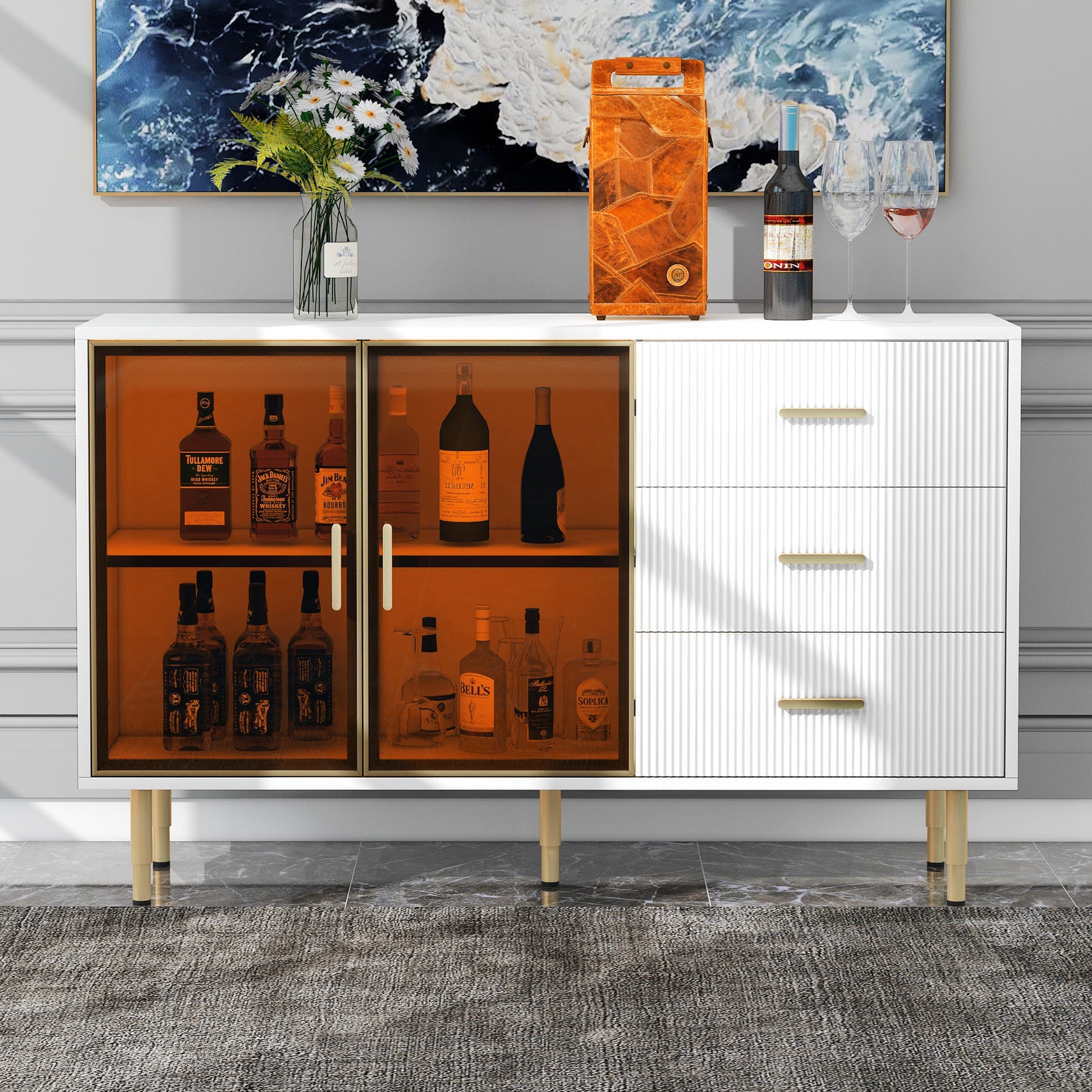 Modern Sideboard Mdf Buffet Cabinet Marble Sticker Tabletop And Amber Yellow Tempered Glass Doors With Gold Metal Legs & Handles White White Mdf Glass